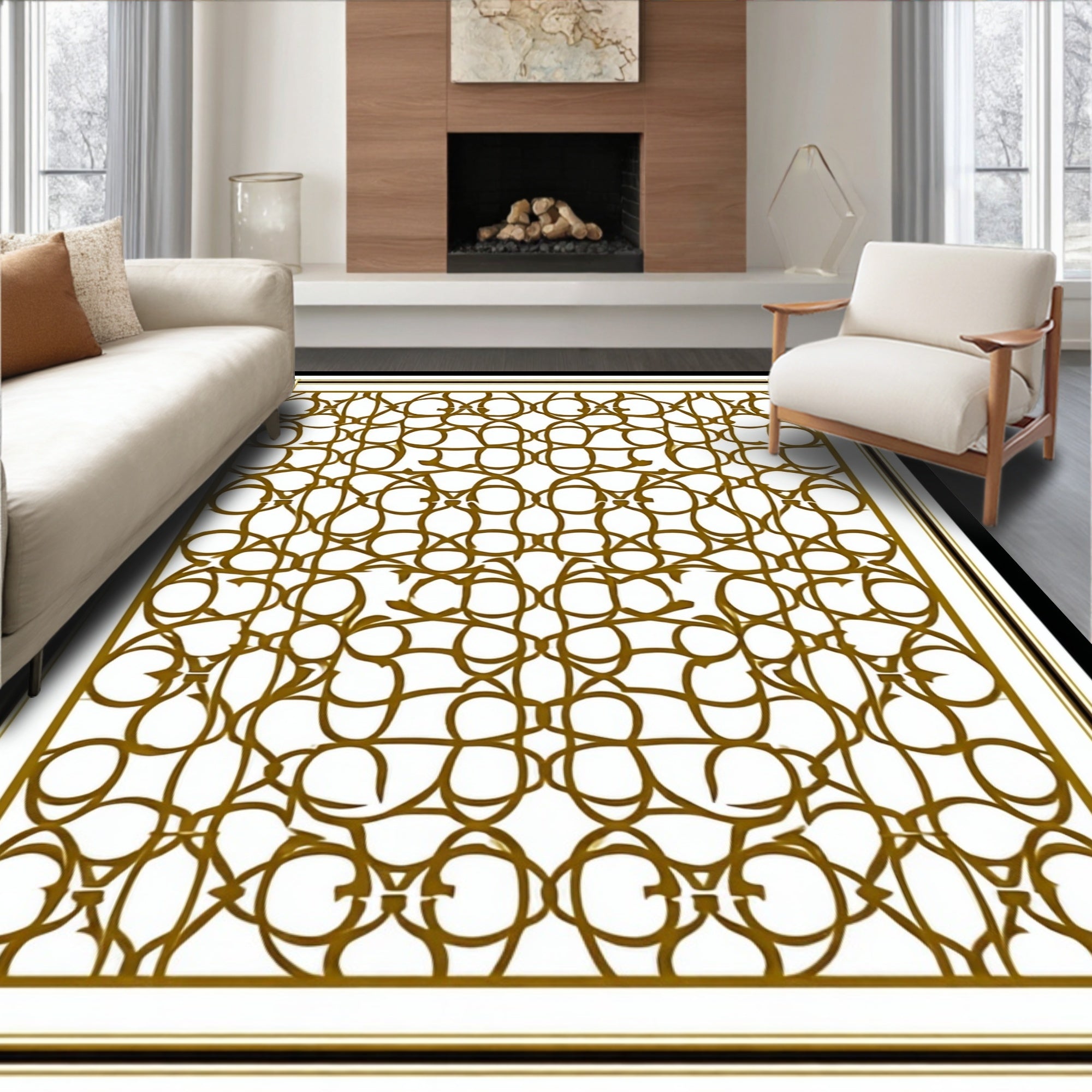 Ornate White Gold Geometric Pattern Rug