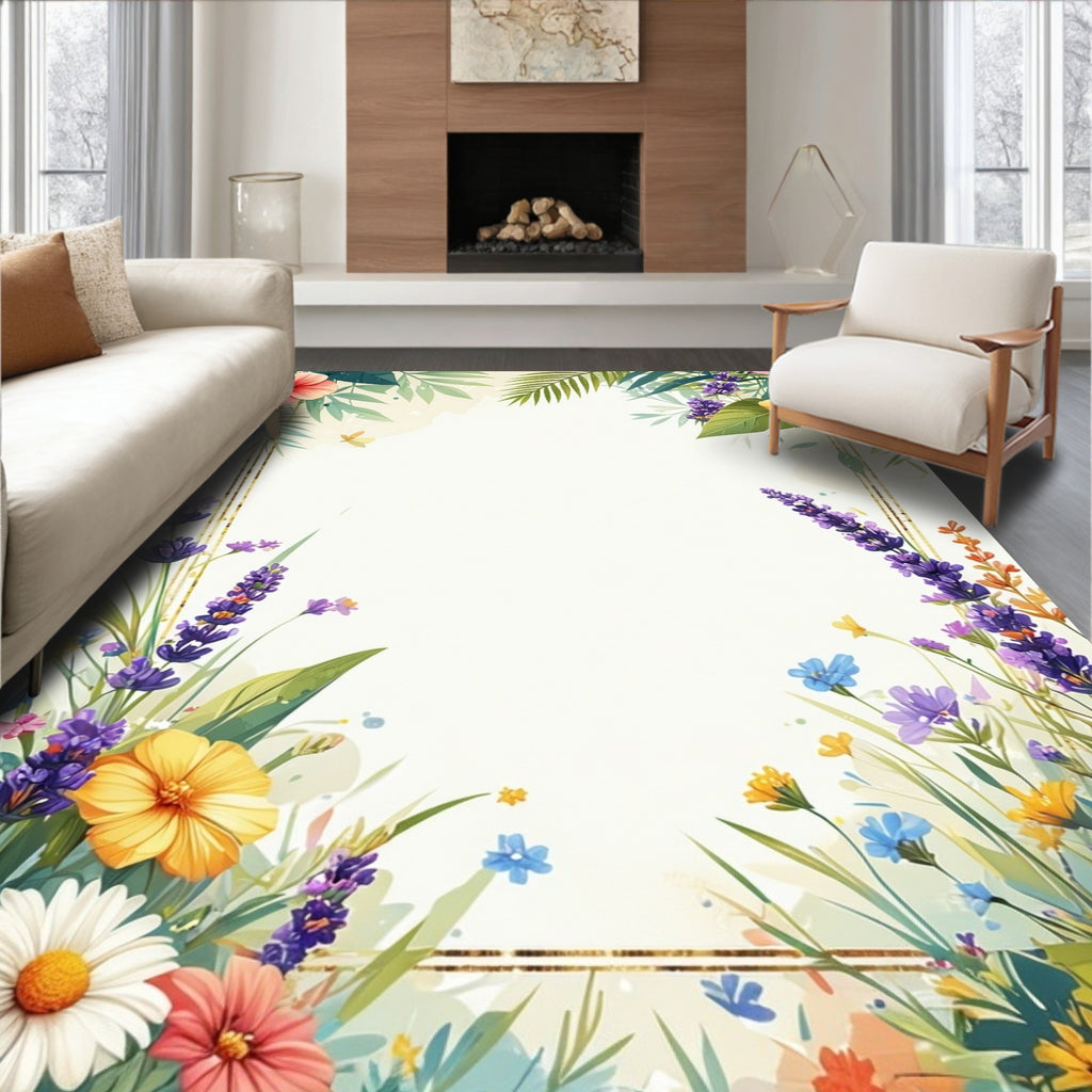 Floral Meadow Watercolor Border Design Rug