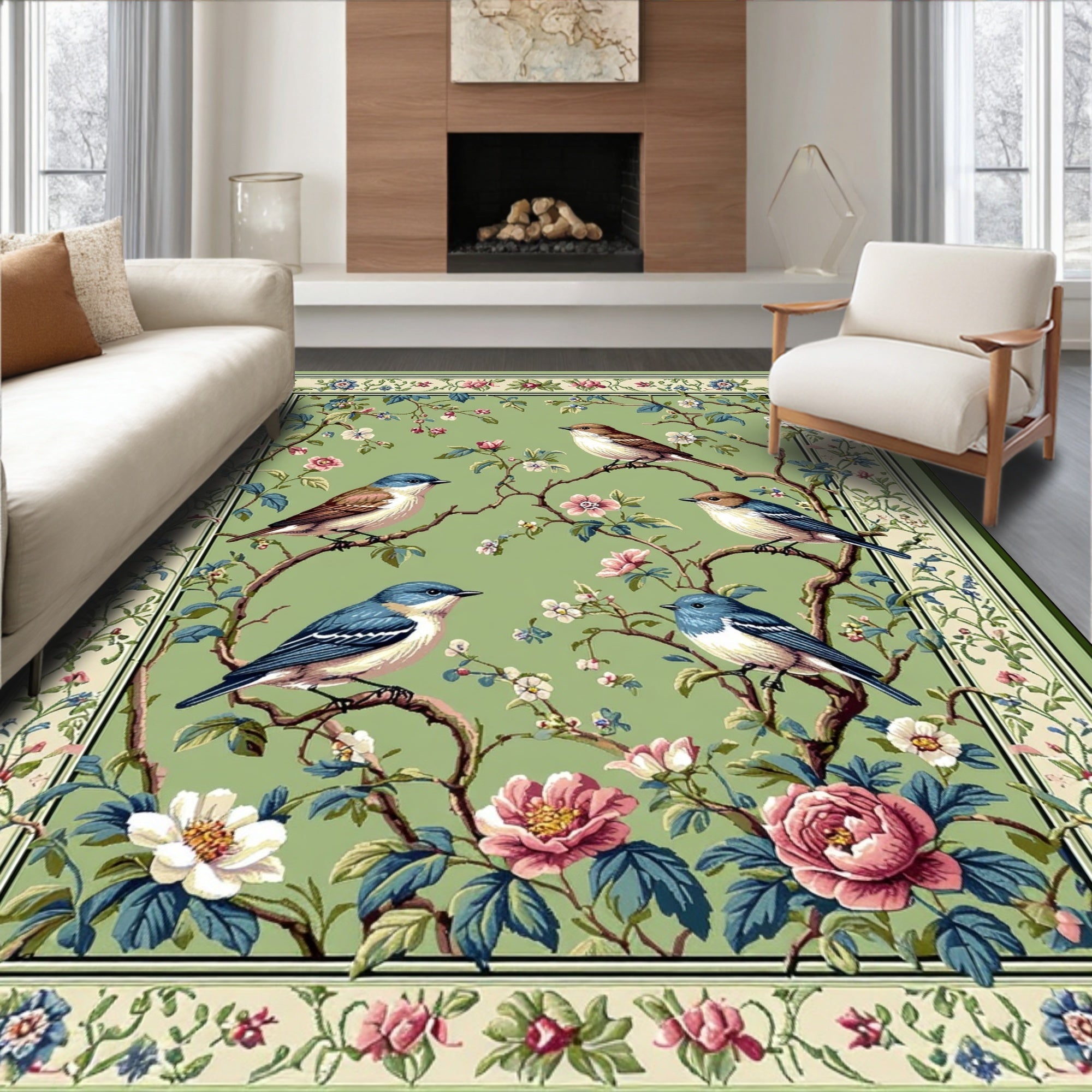 Birds and Blossoms Green Floral Rug