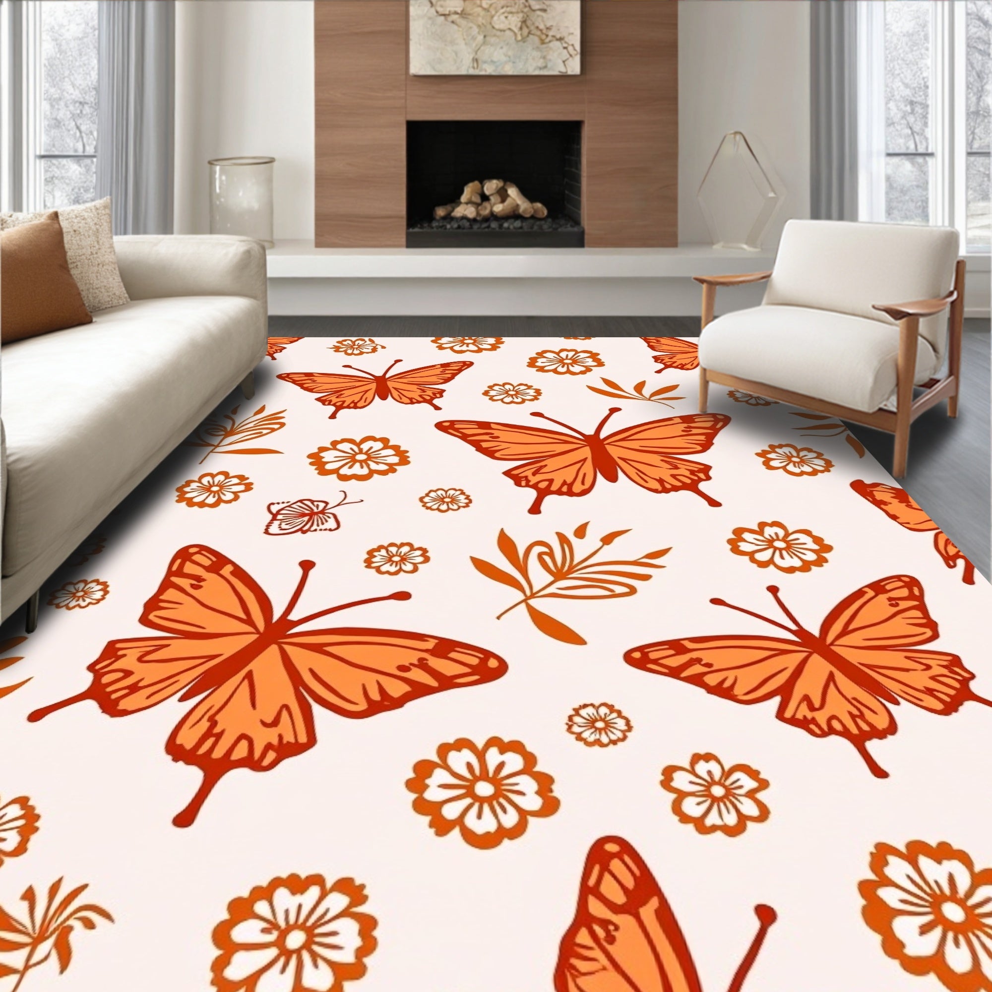 Orange Butterfly Flower Pattern Rug
