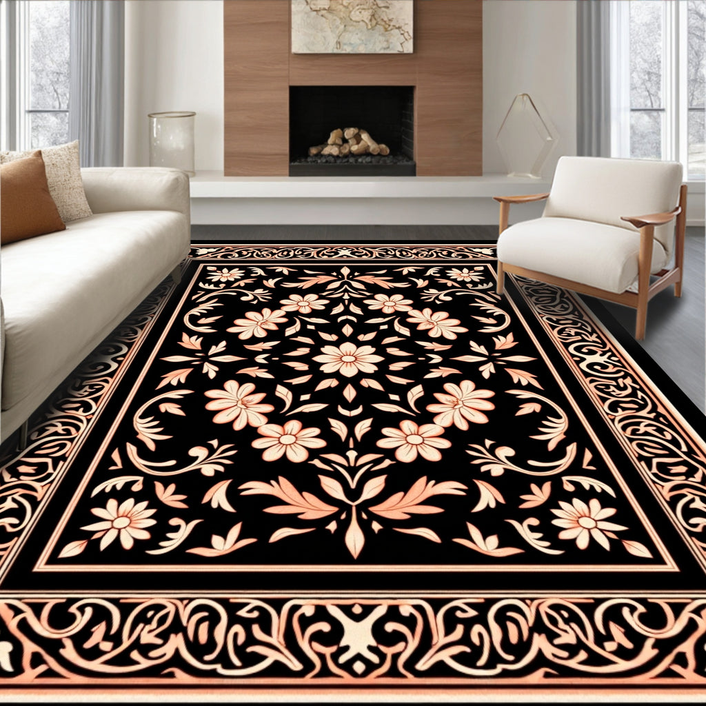 Ornate Floral Scrollwork Black Rug