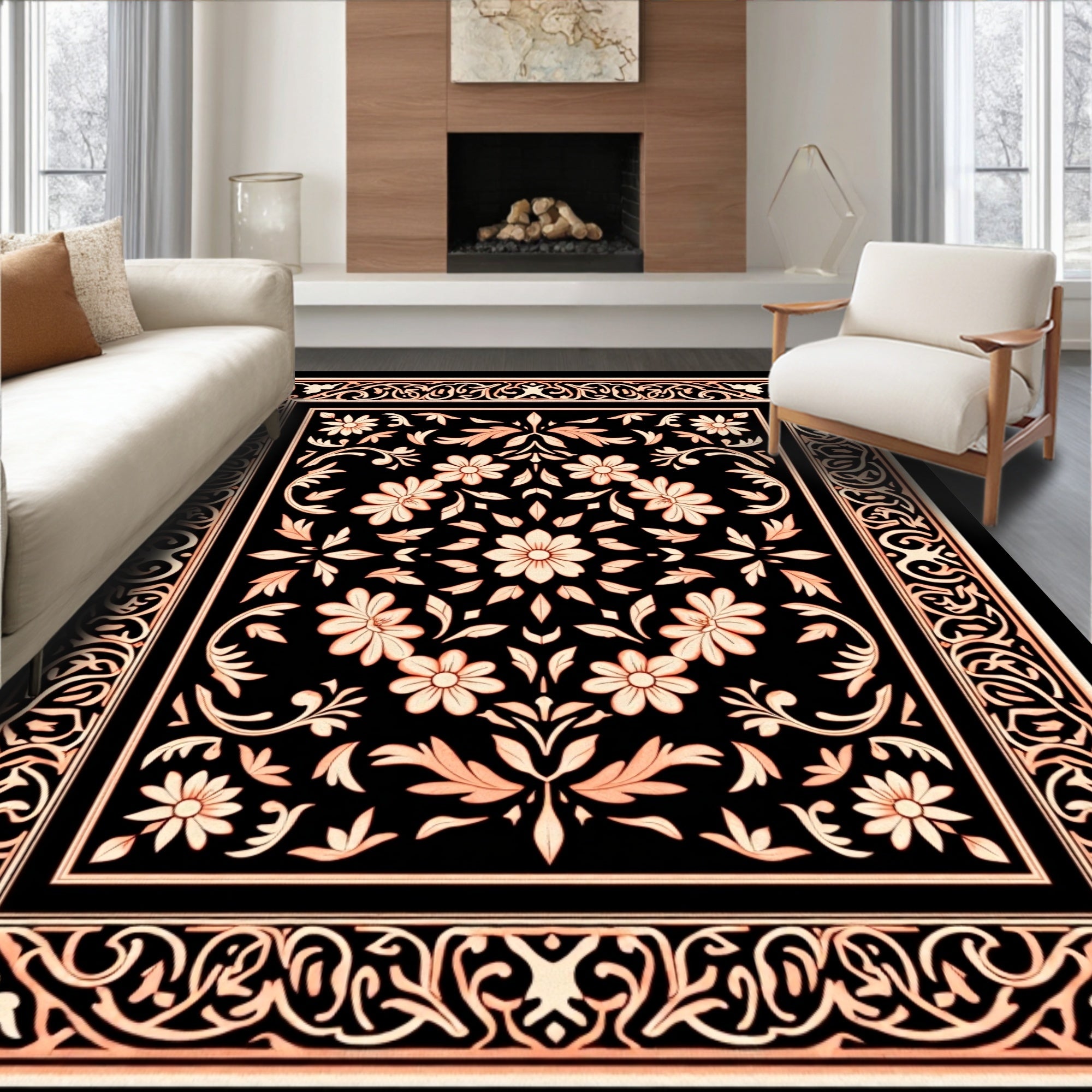 Ornate Floral Scrollwork Black Rug