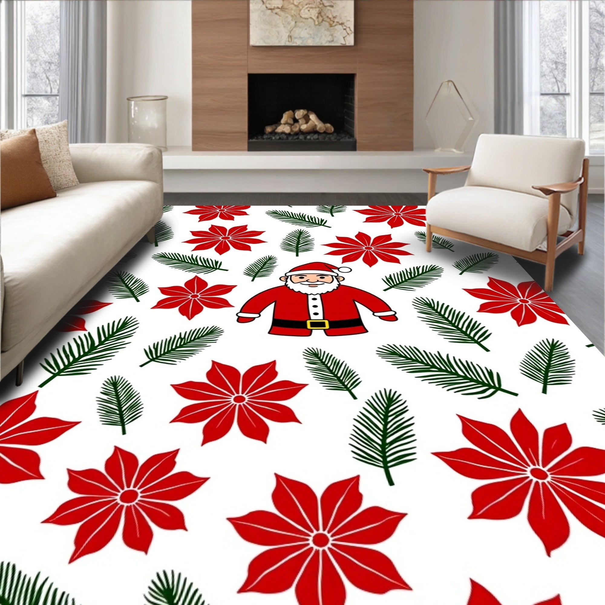 Cheerful Santa Claus Poinsettia Branches Rug