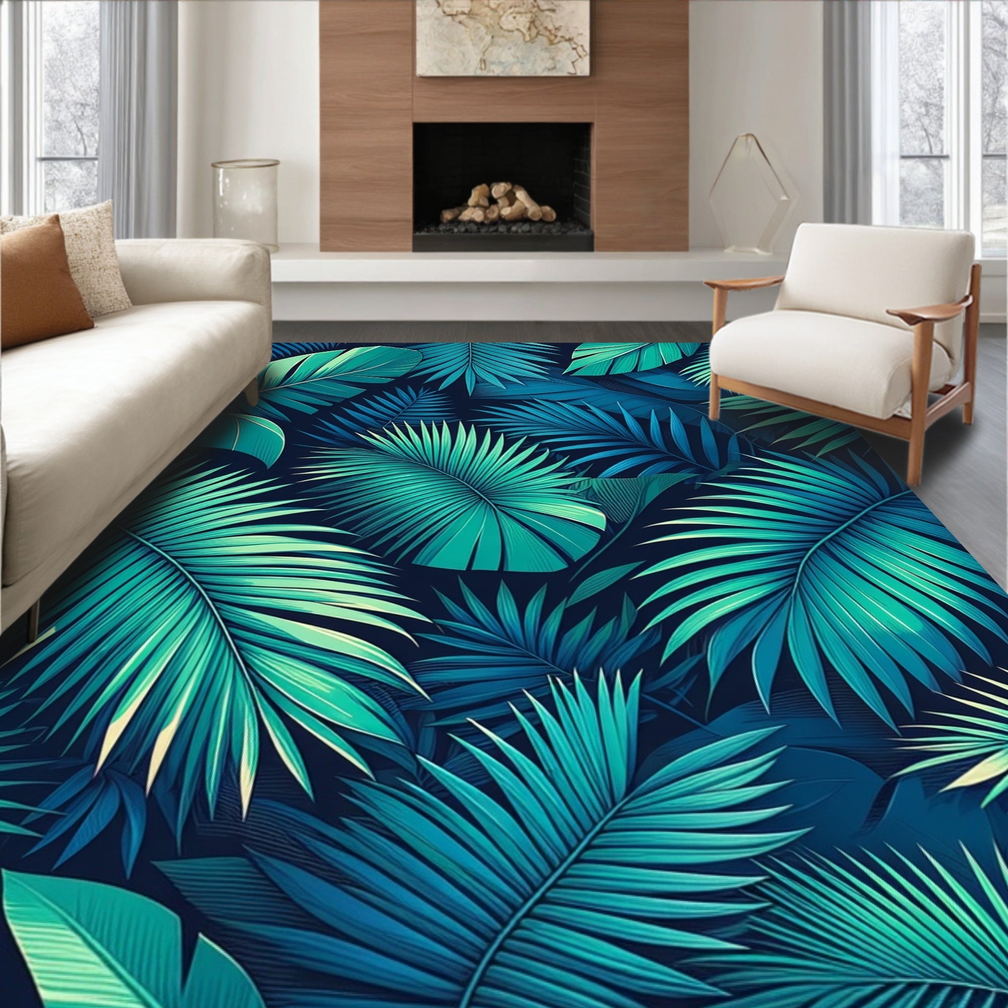 Vibrant Teal Tropical Leaf Pattern Rug