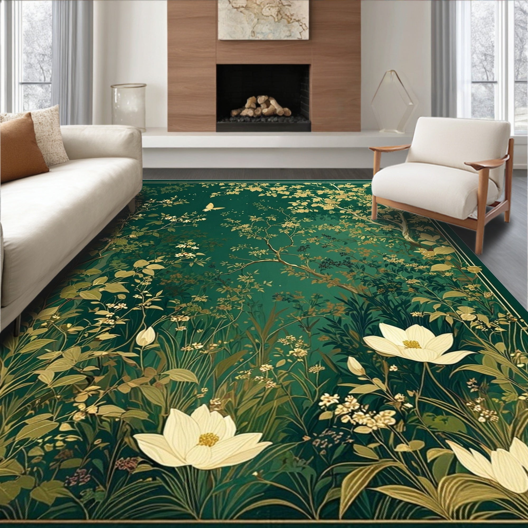 Emerald Forest And Gold Floral Design Rug