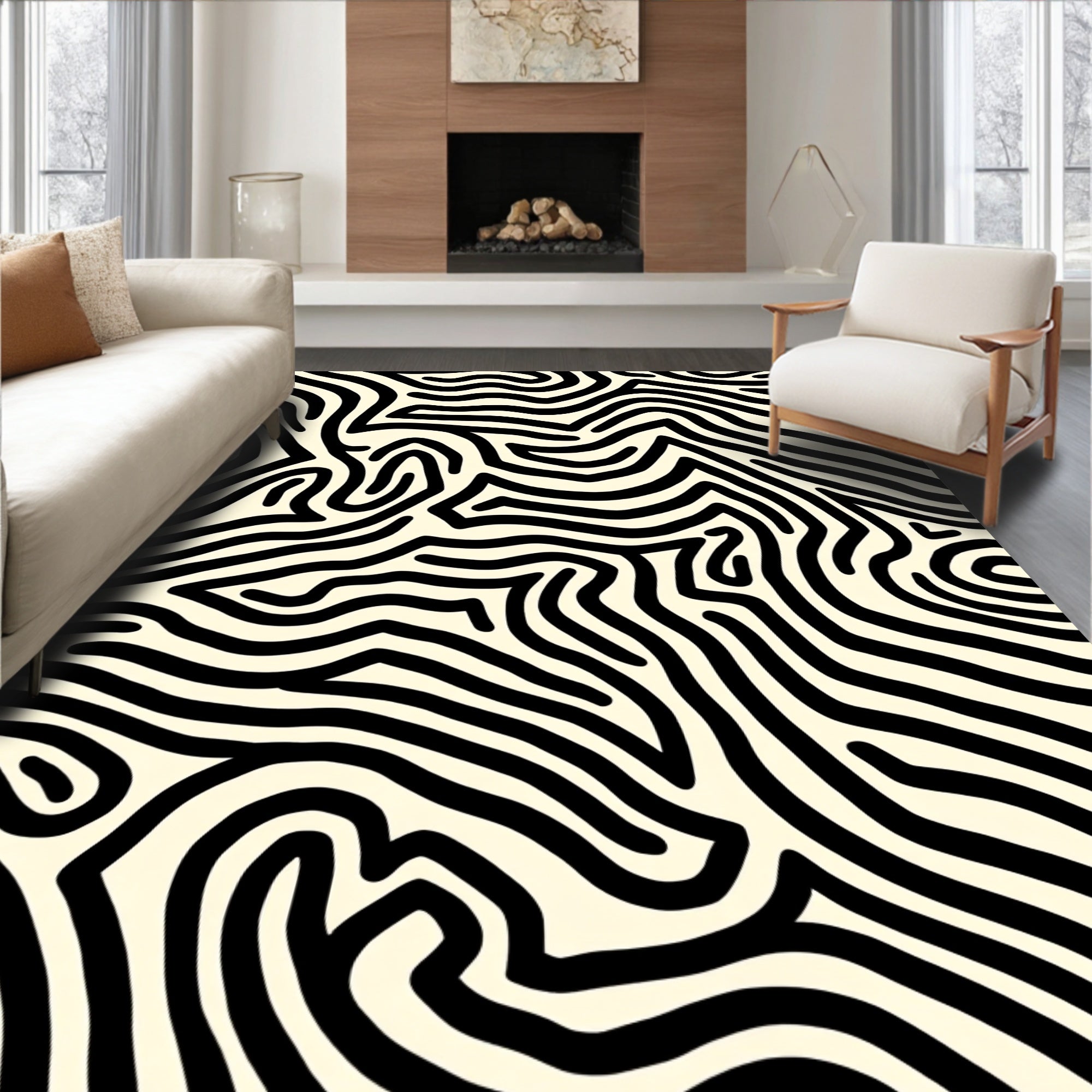 Abstract Black Zebra Stripe Design Rug