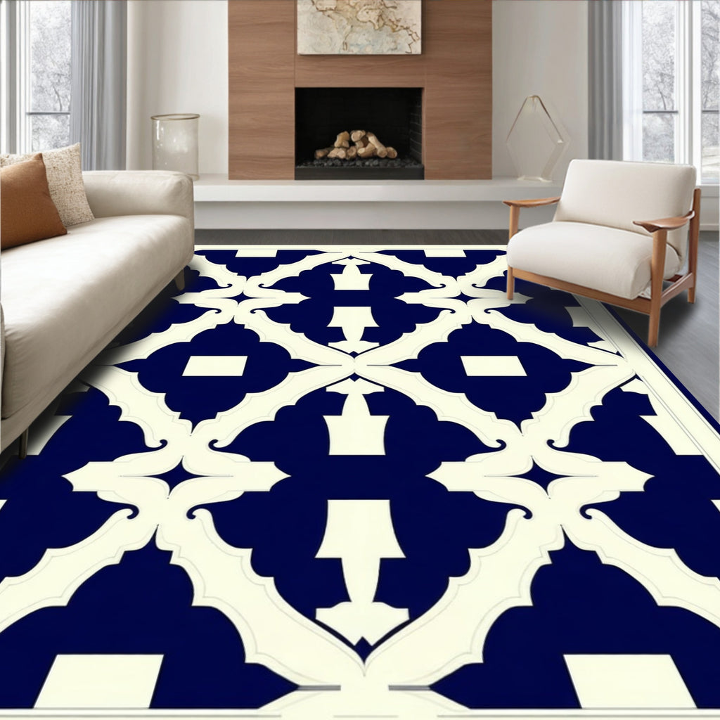 Navy Ivory Ornate Geometric Pattern Rug