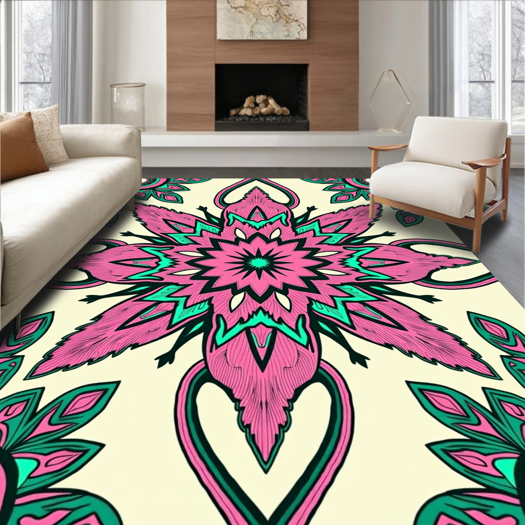 Vibrant Pink Turquoise Floral Mandala Rug