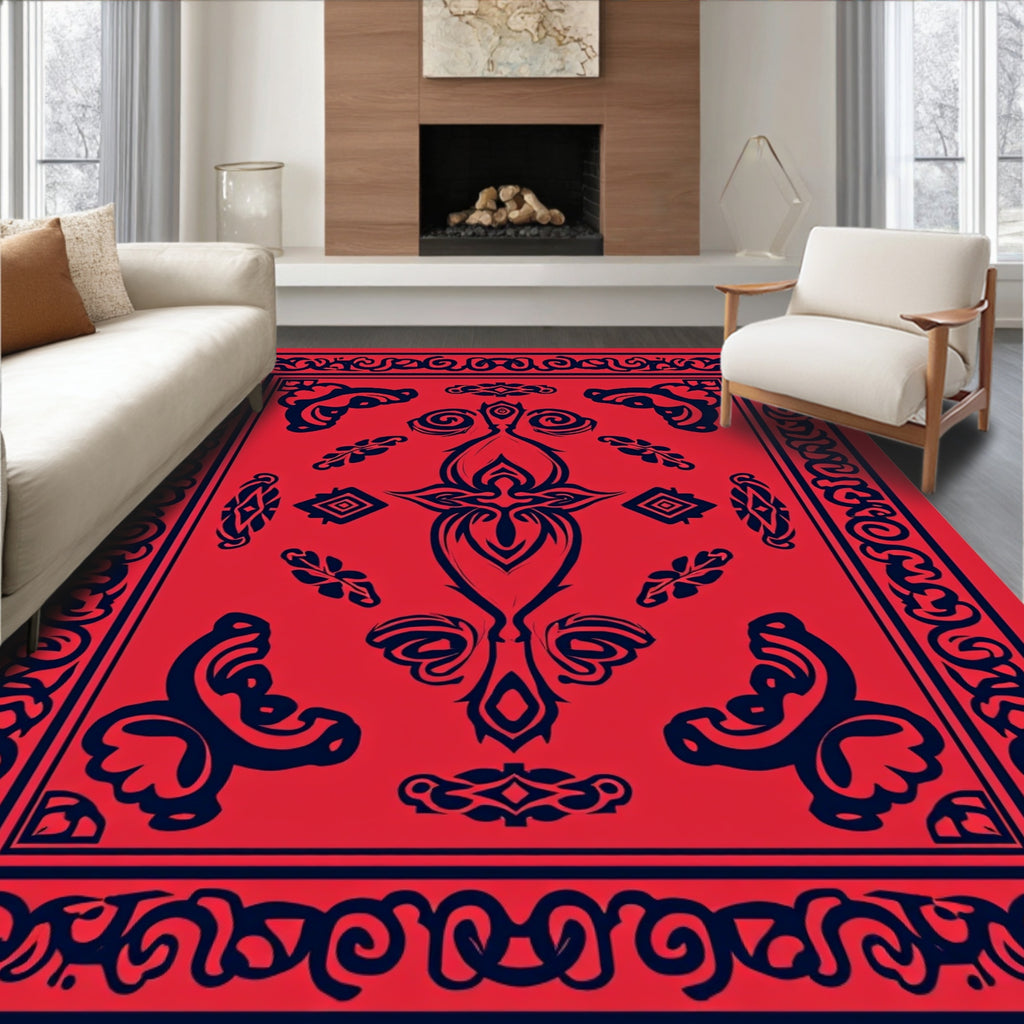 Bold Red Blue Ornamental Symmetry Rug