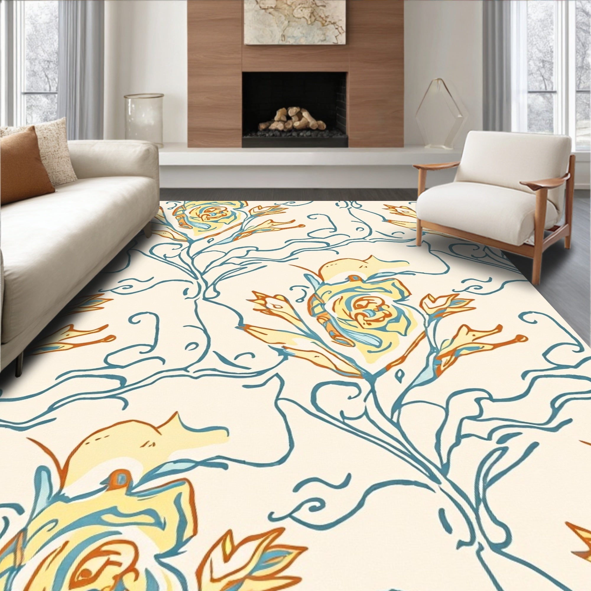 Stylized Floral Vine Pattern With Yellow Roses Rug