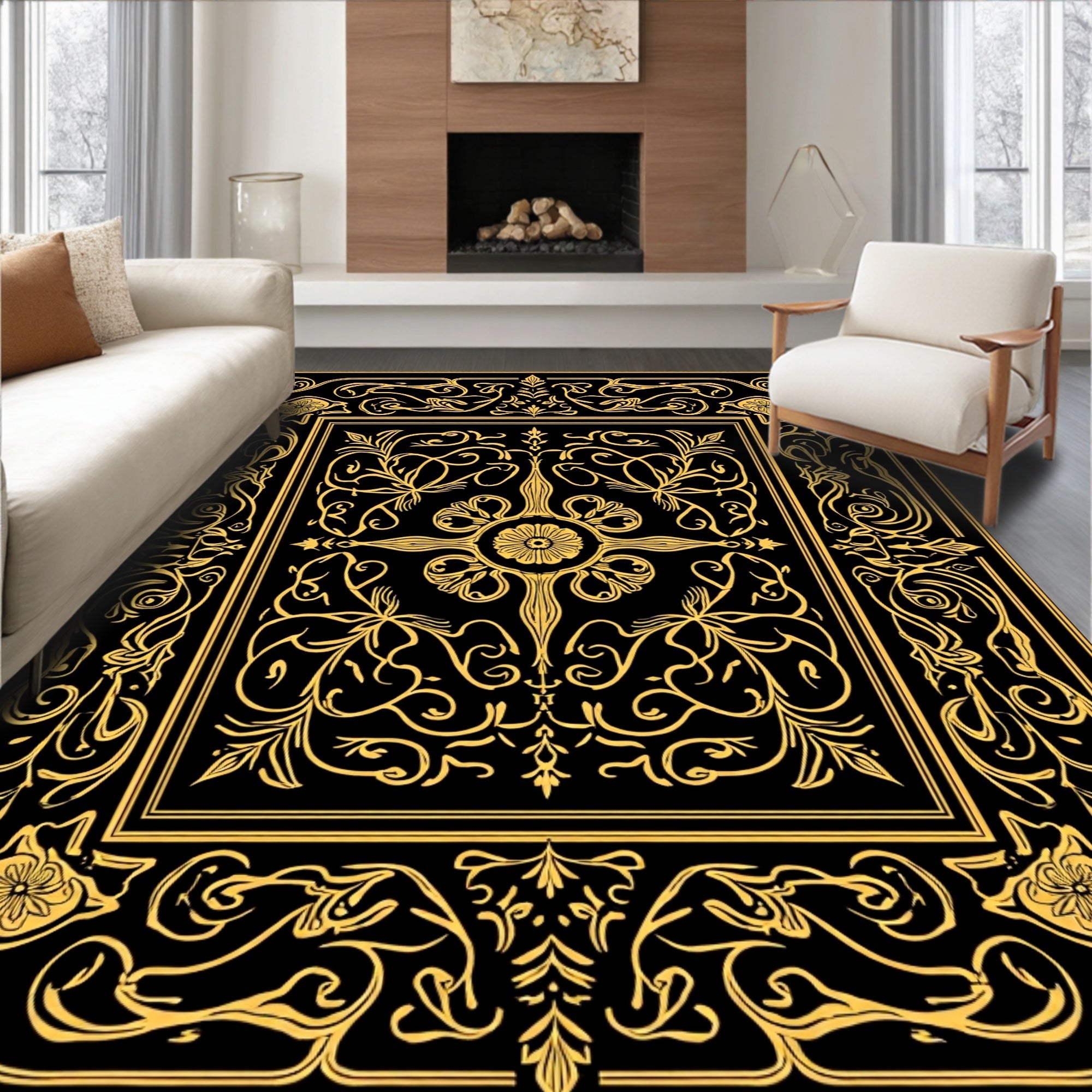 Elegant Black Gold Floral Ornament Rug
