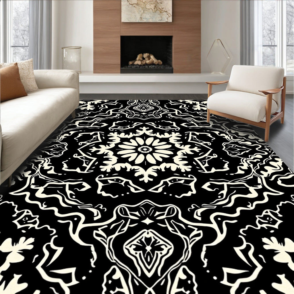 Intricate Black White Floral Pattern Rug