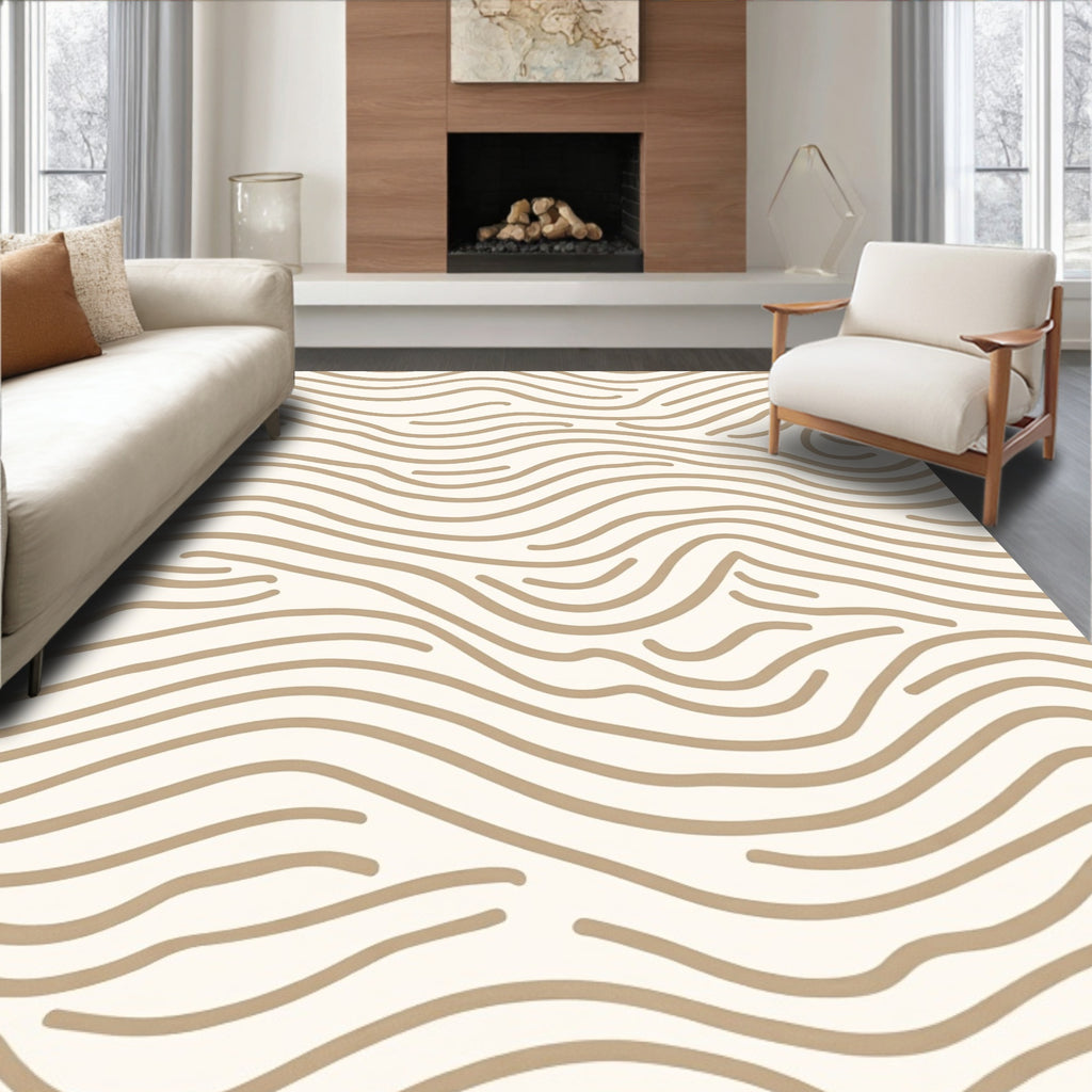 Cream Brown Wavy Lined Abstract Rug