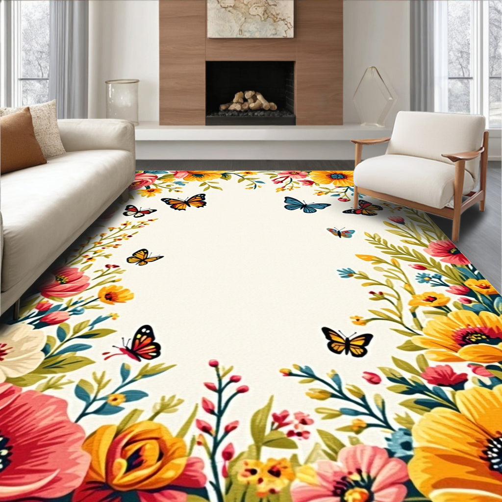 Floral Butterflies Vibrant Garden Print Rug