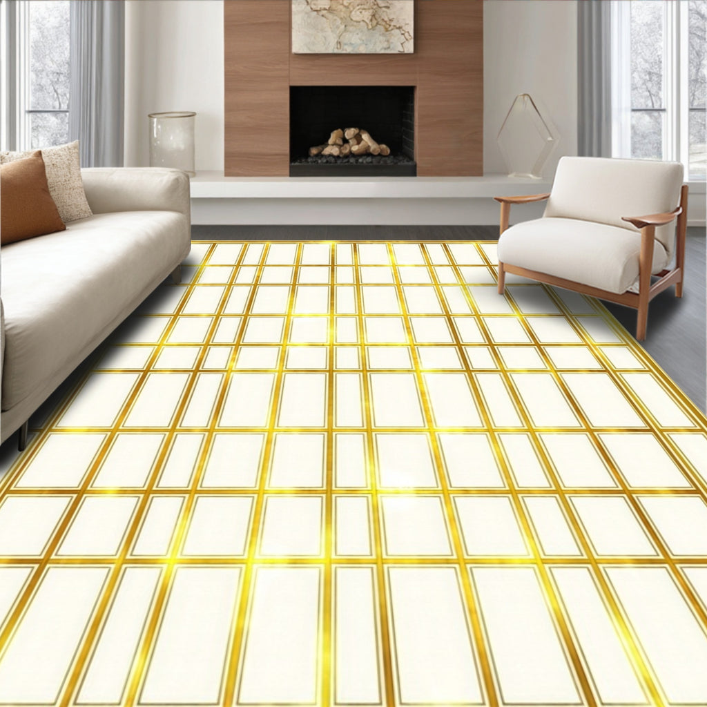 Elegant Gold Geometric Grid Rug
