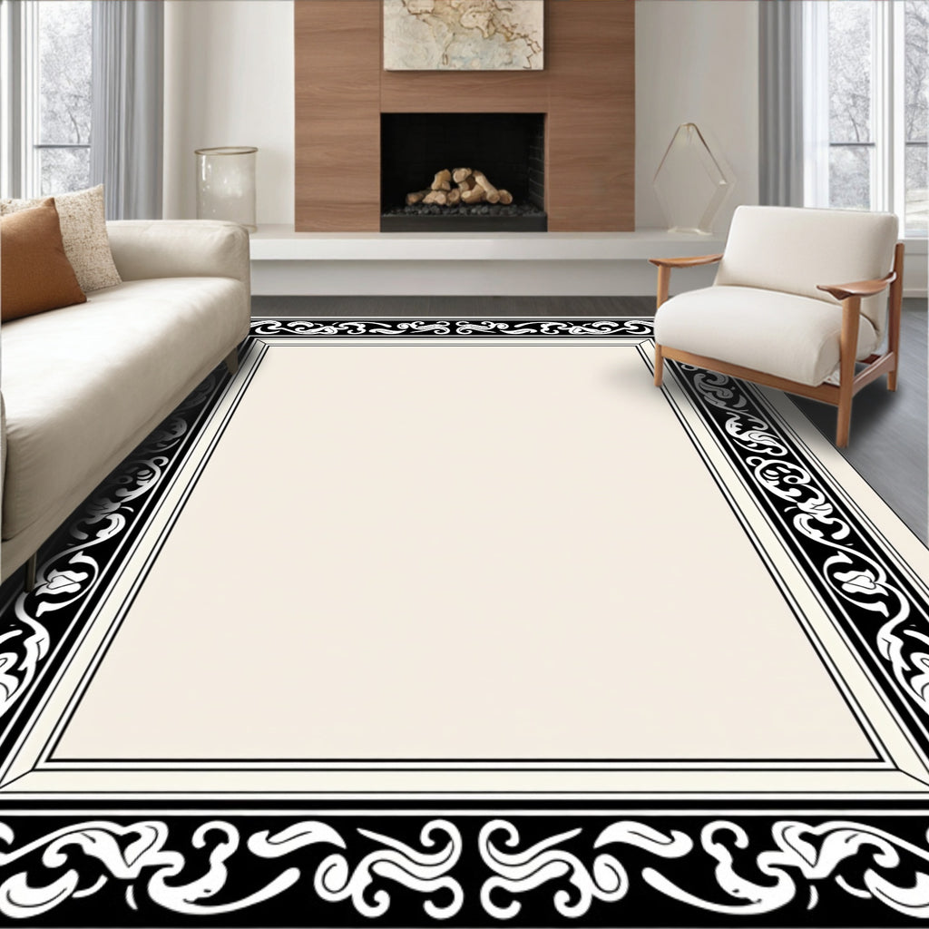 Ornate Black White Flourish Border Rug