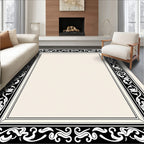 Ornate Black White Flourish Border Rug