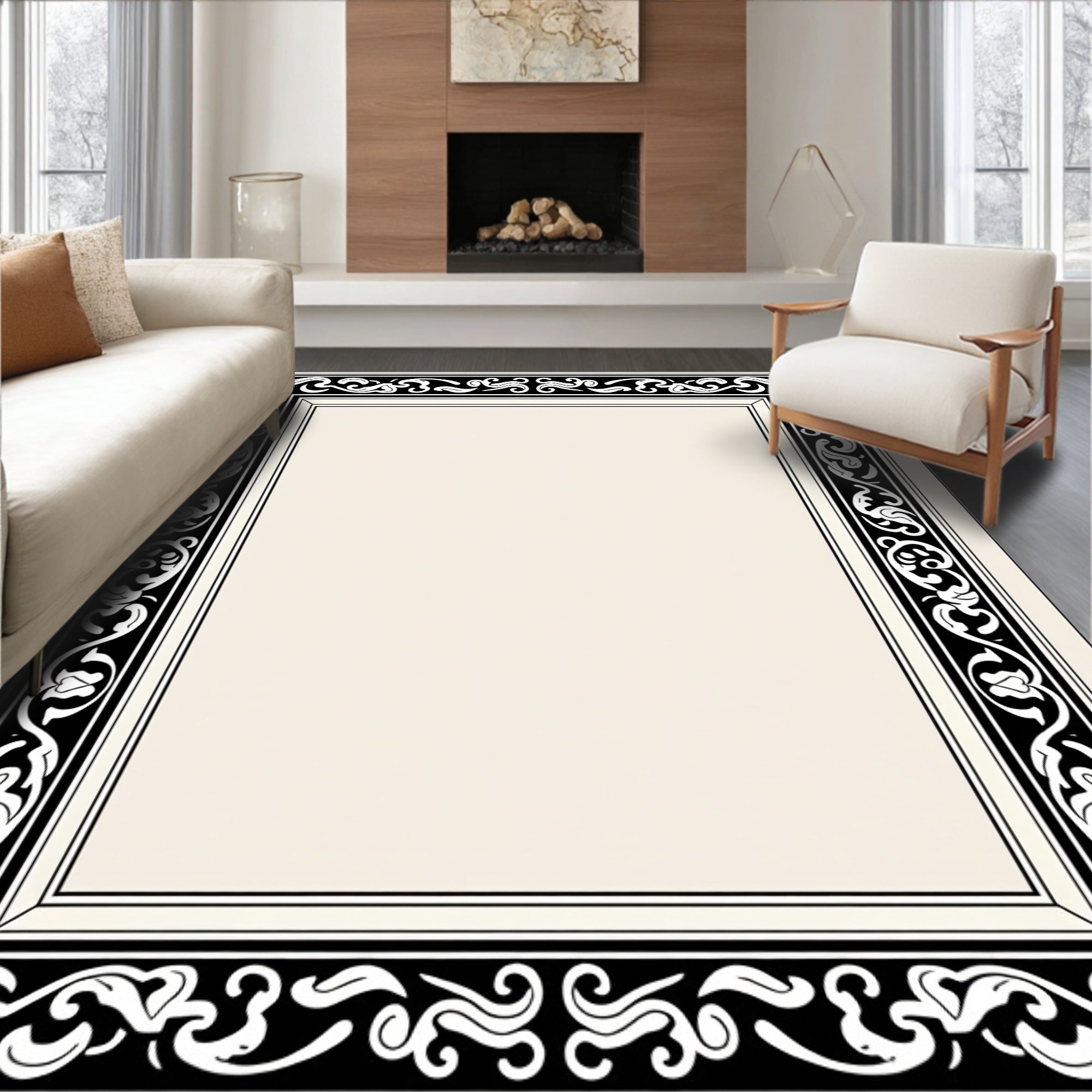 Ornate Black White Flourish Border Rug
