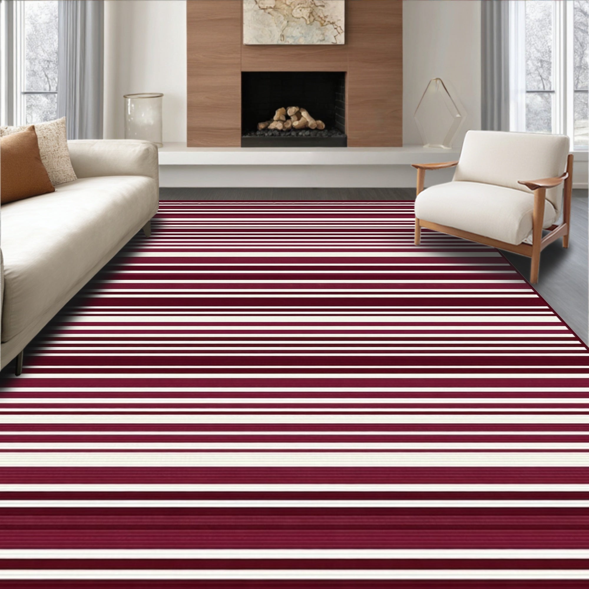 Modern Striped Burgundy Ivory Rug