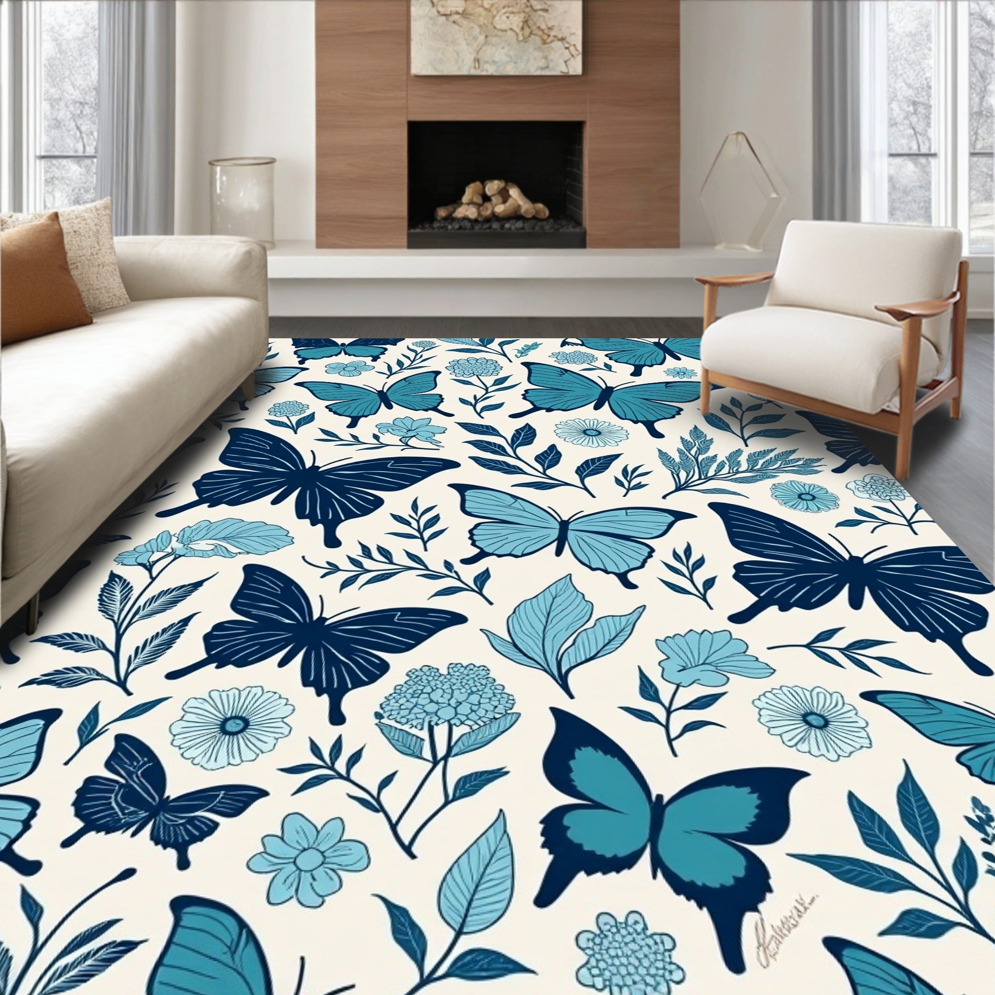 Beautiful Butterfly and Floral Pattern Rug