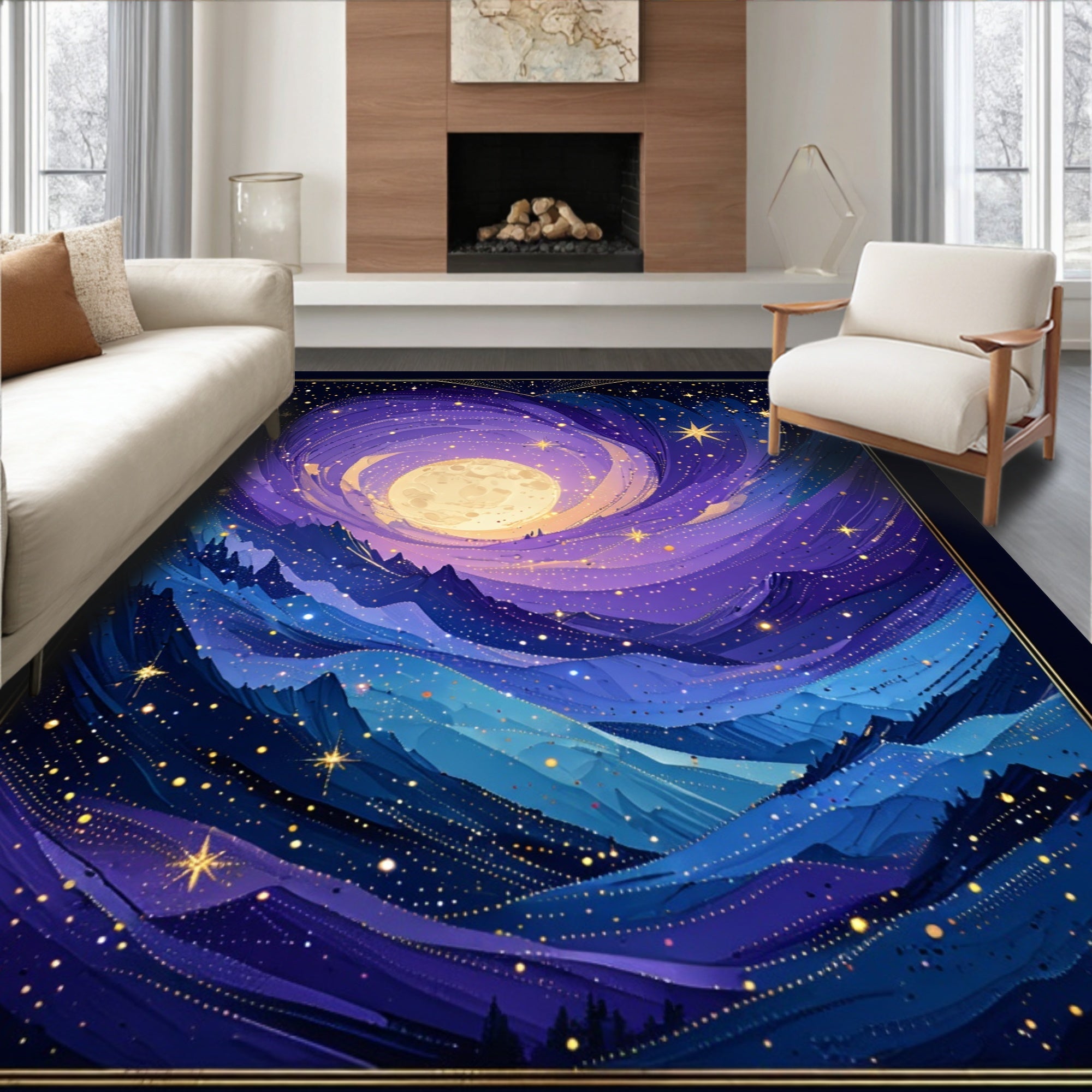 Galactic Swirl Celestial Mountain Scene Rug