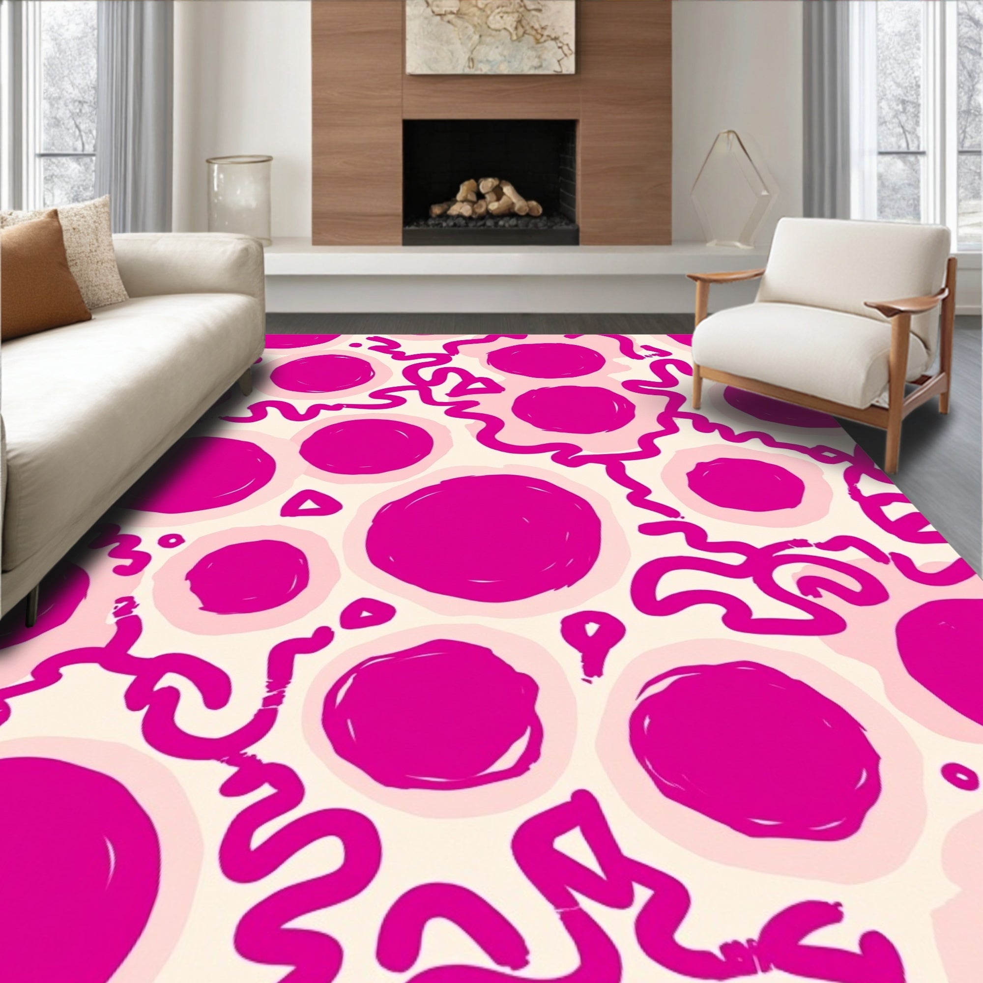 Vibrant Pink Circles and Wavy Stripes Rug