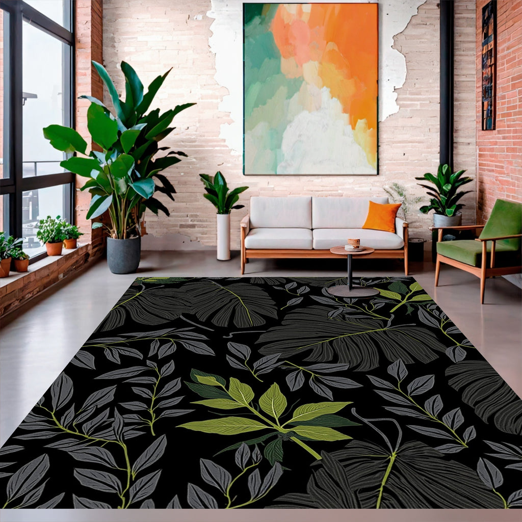 Dark Tropical Foliage Pattern Rug