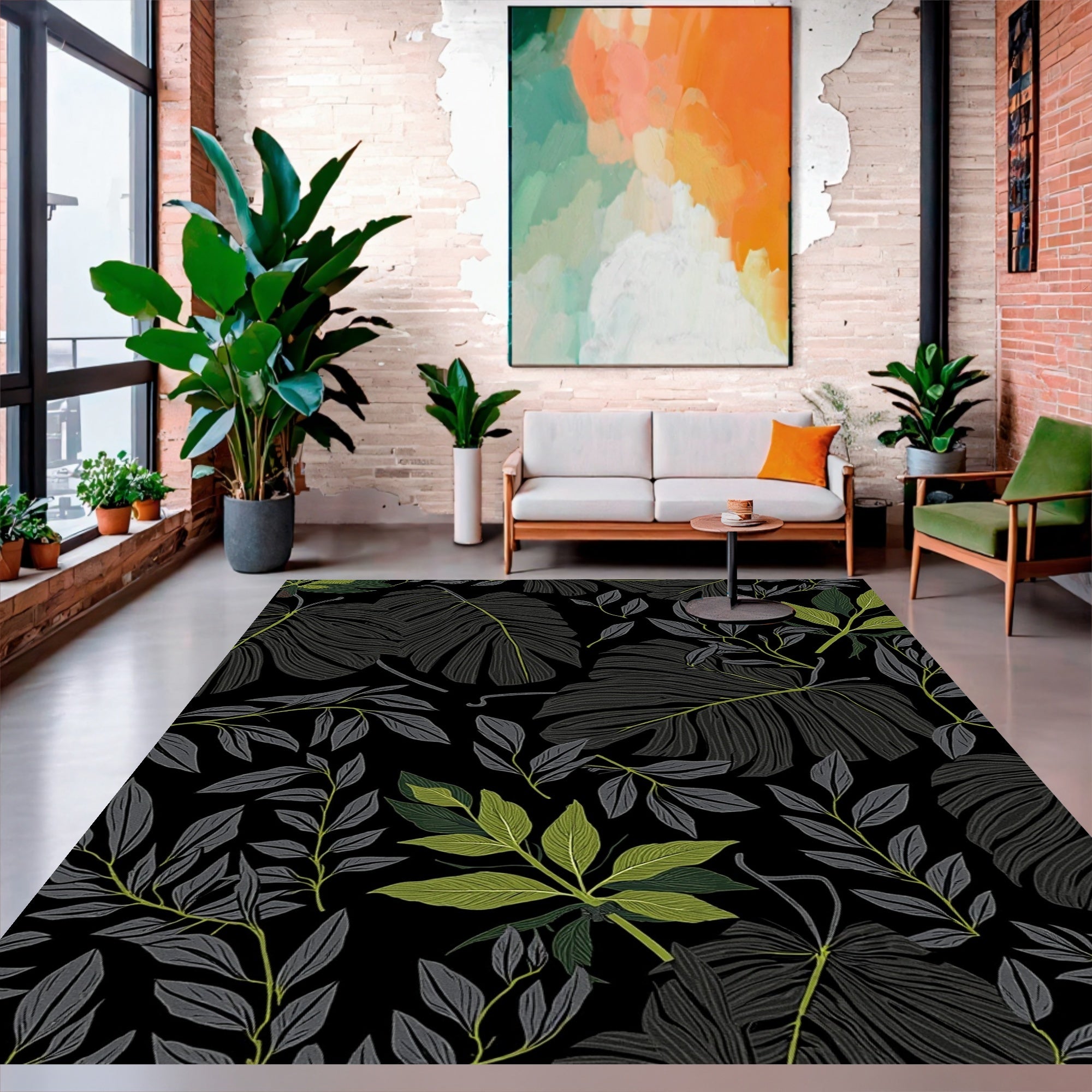 Dark Tropical Foliage Pattern Rug