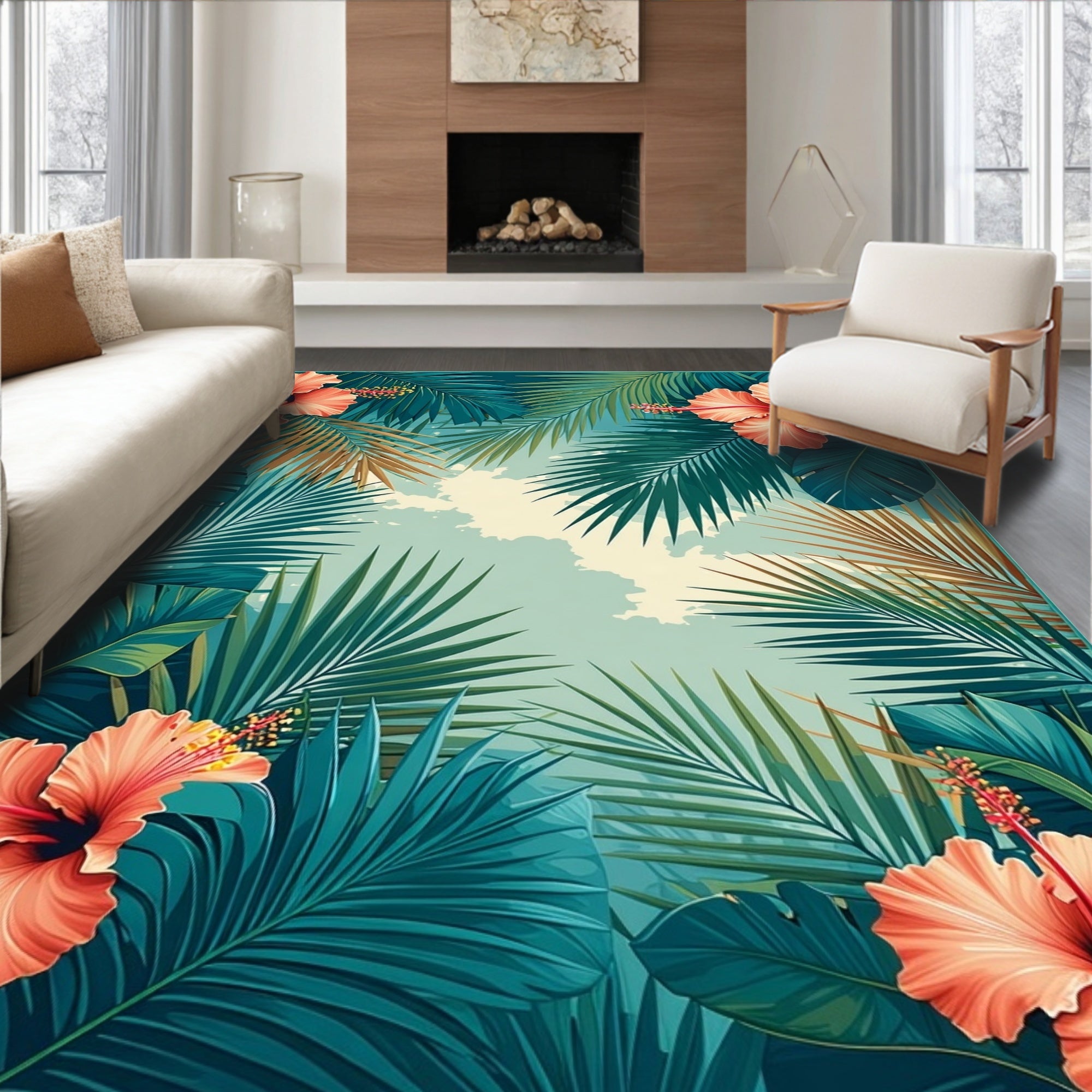 Coral Hibiscus Tropical Leaf Design Rug