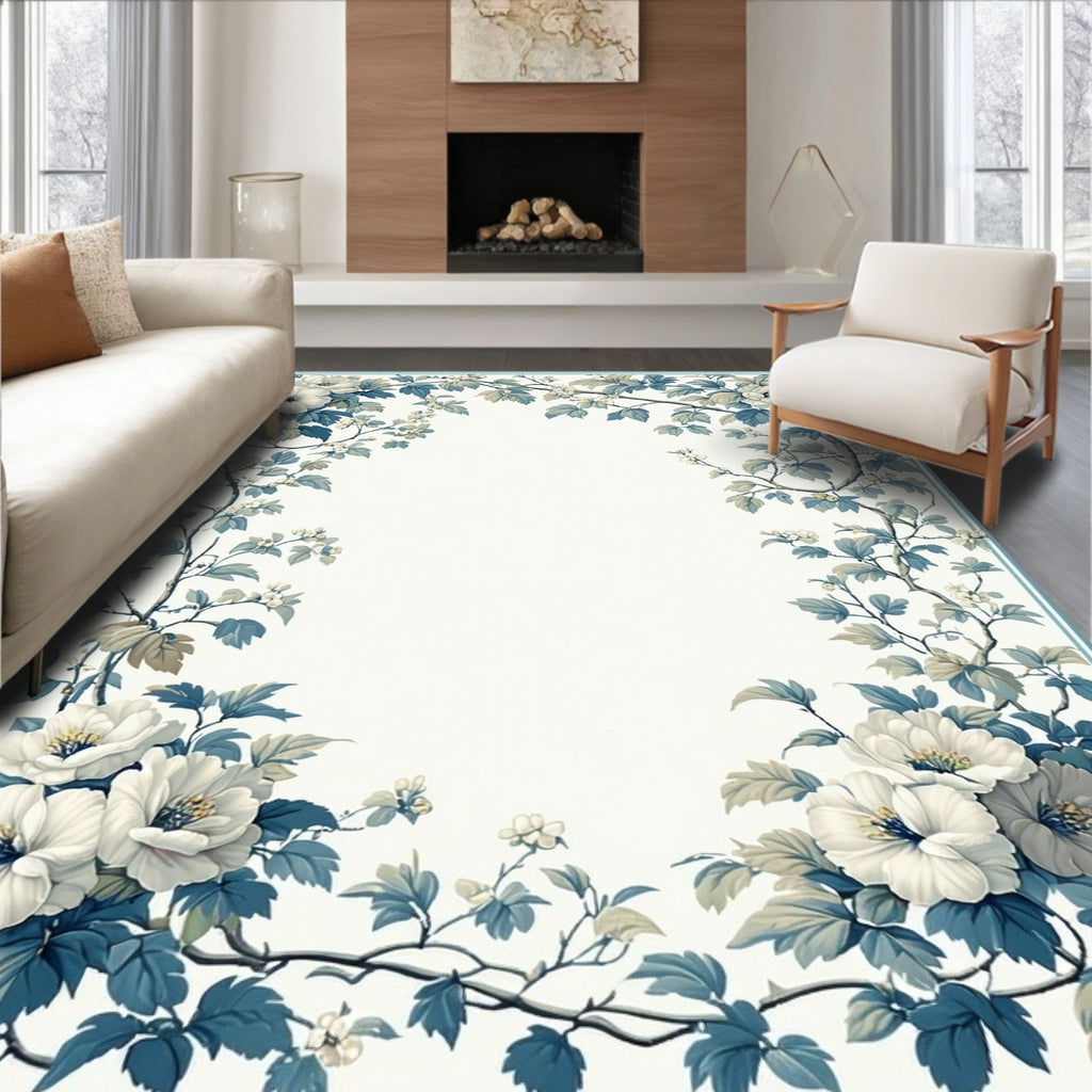 White Blue Floral Vine Border Rug