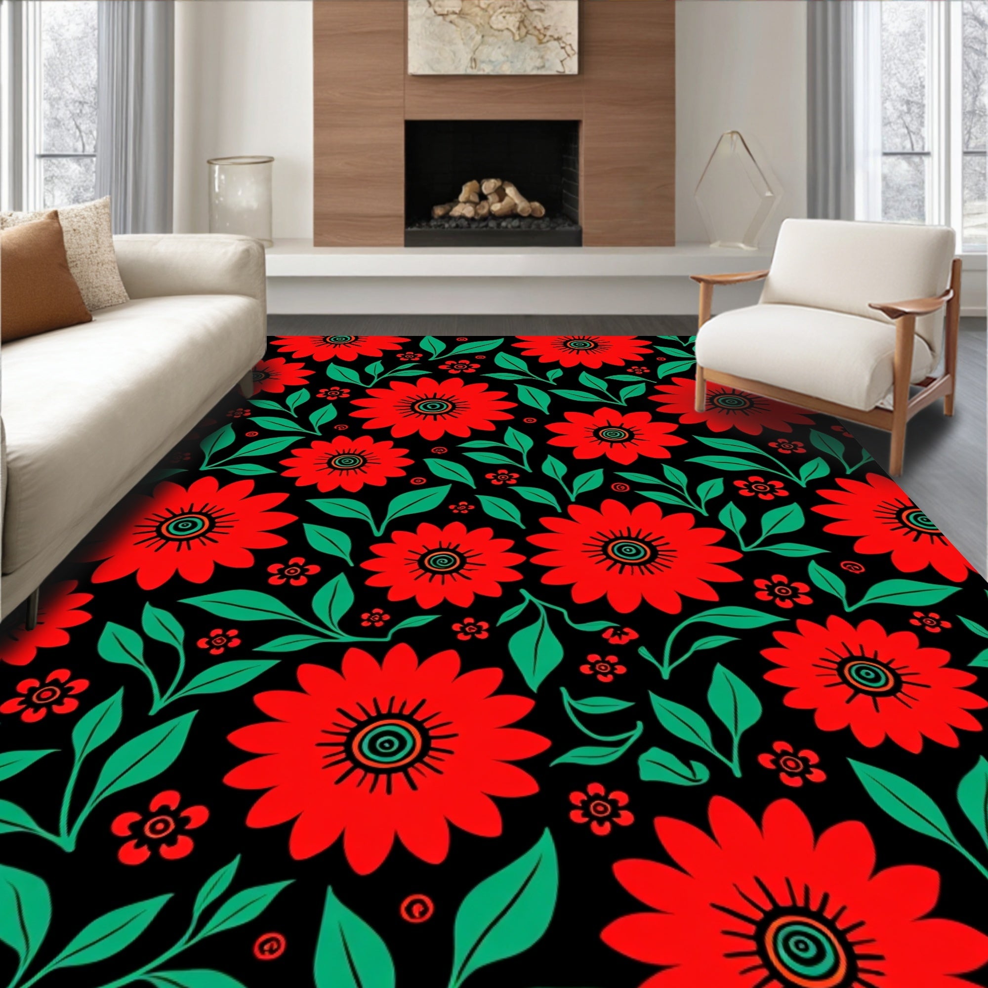 Bold Red Floral Garden Swirl Rug