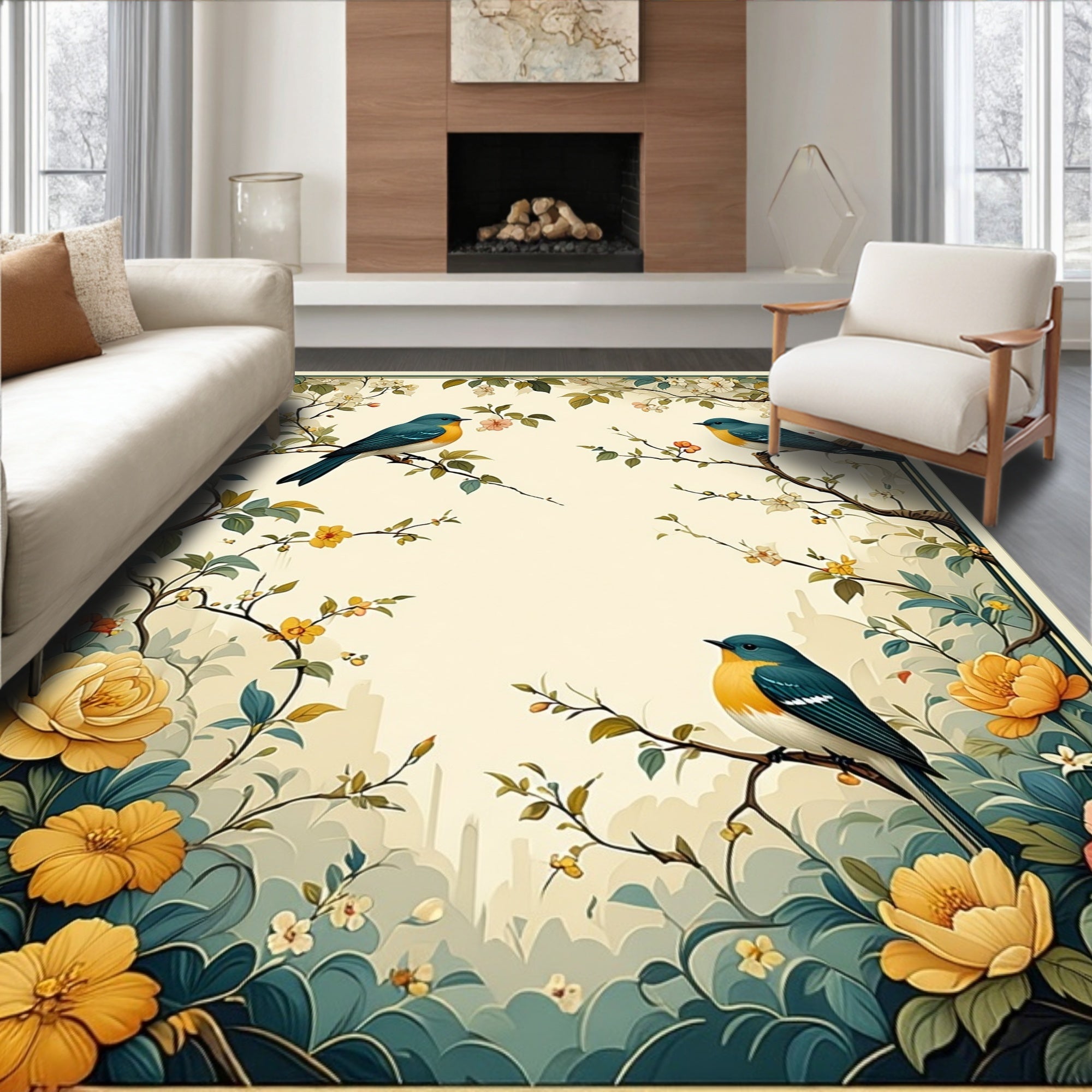 Birds and Blossoms Scenic Tapestry Design Rug