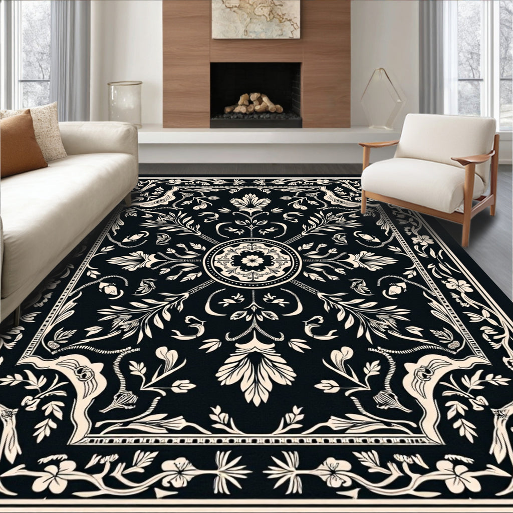 Black Cream Floral Intricate Pattern Rug