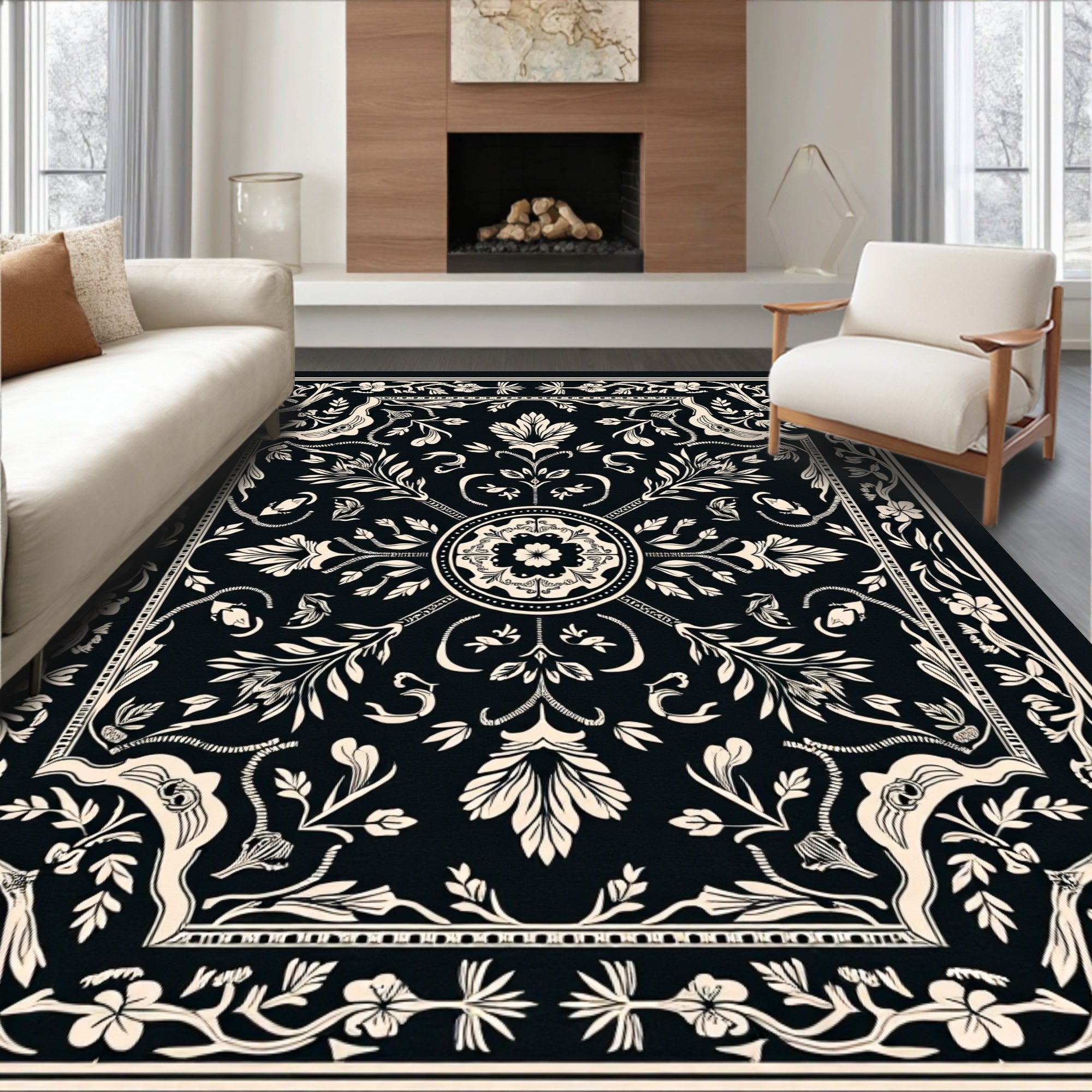 Black Cream Floral Intricate Pattern Rug
