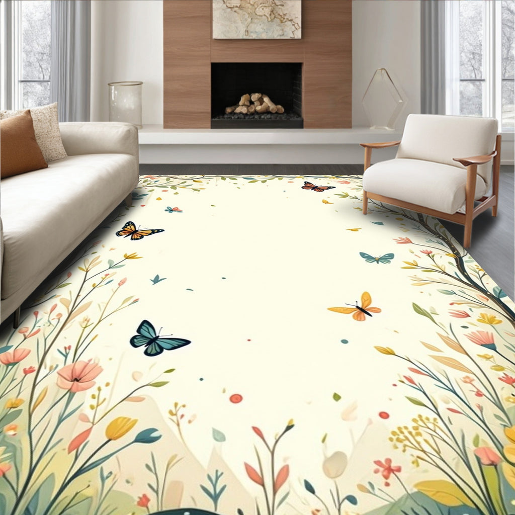 Whimsical Garden Butterfly Floral Design Rug