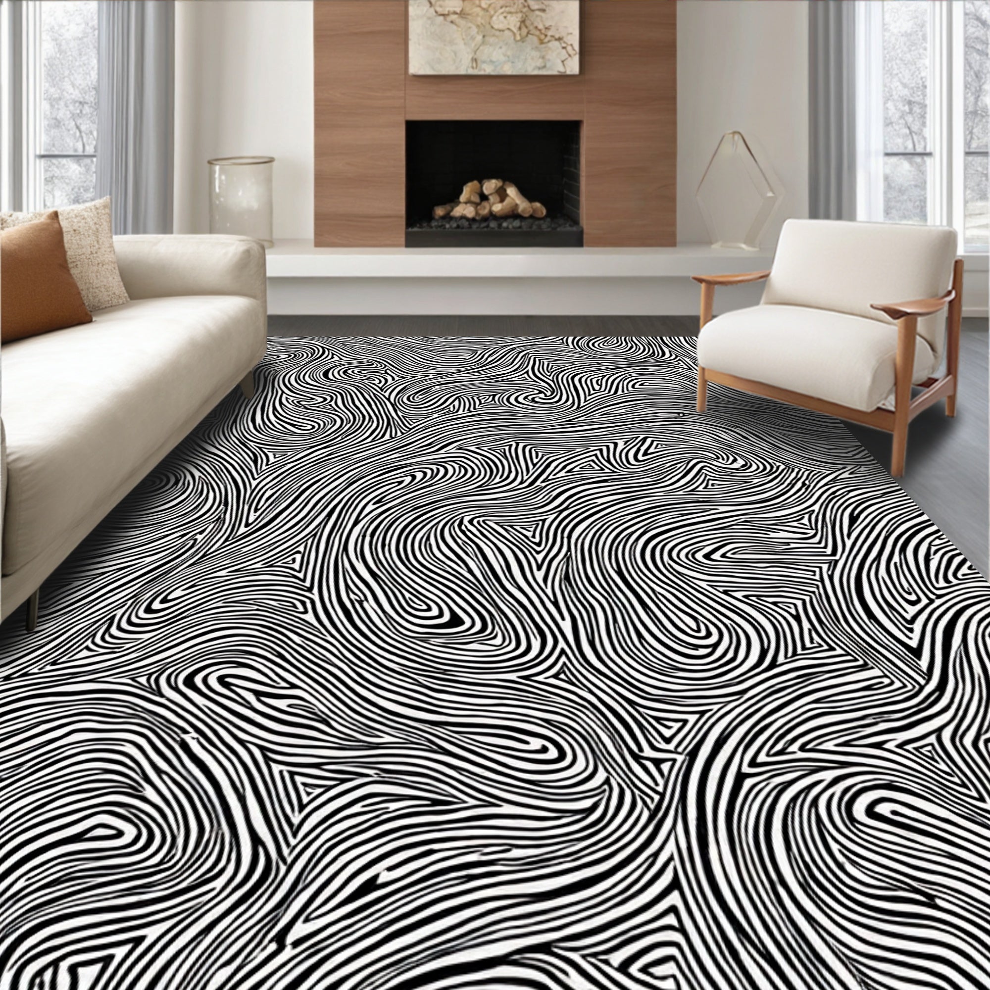 Abstract Black White Swirl Pattern Rug