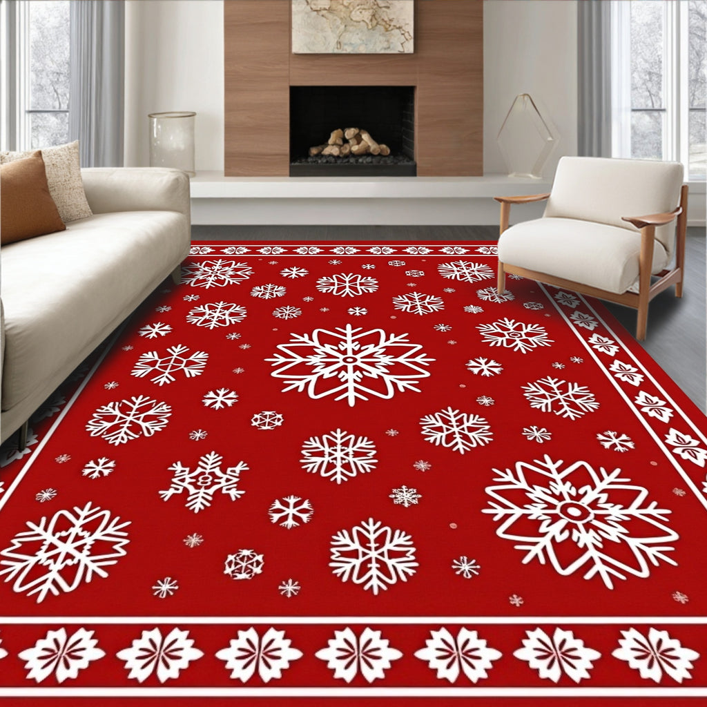 Crimson White Snowflake Mandala Border Rug