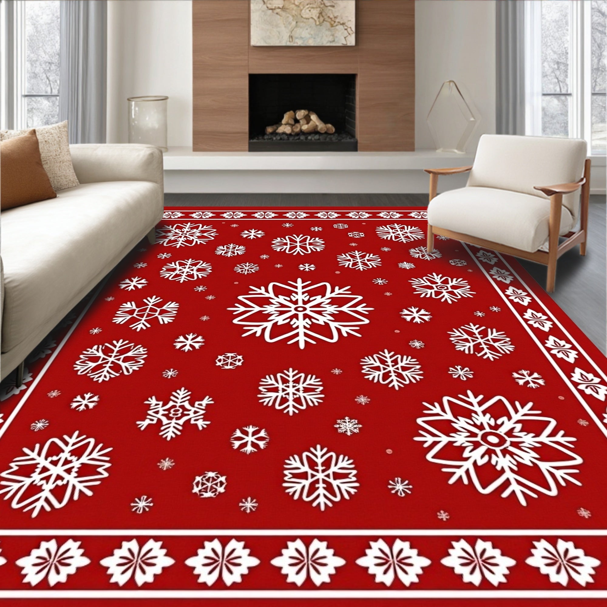 Crimson White Snowflake Mandala Border Rug