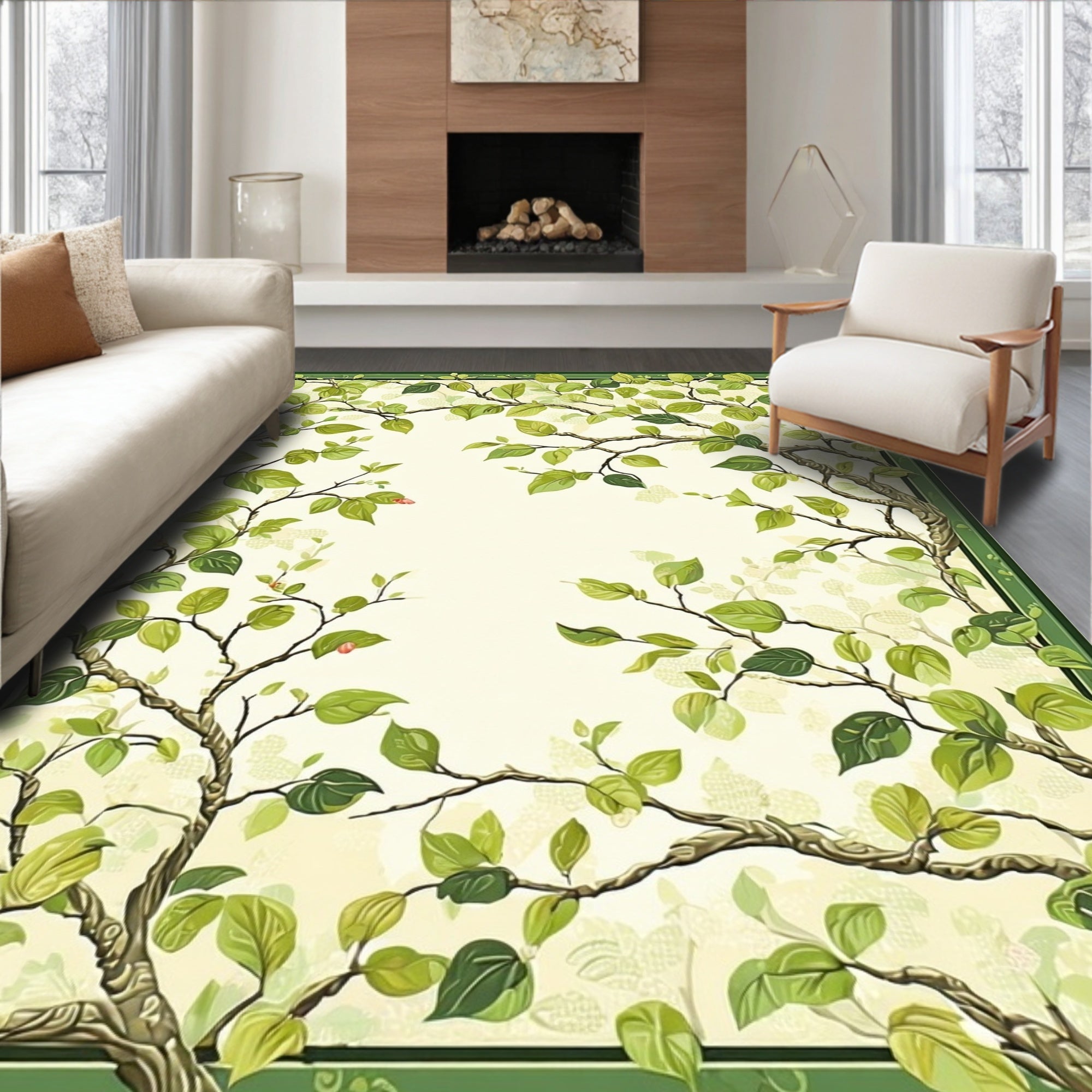 Green Leafy Branch Border Pattern Rug