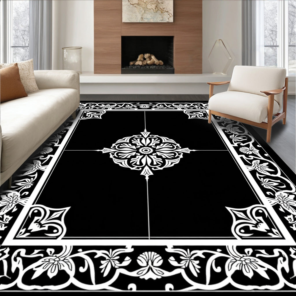 Ornate Floral Scrollwork Black White Rug