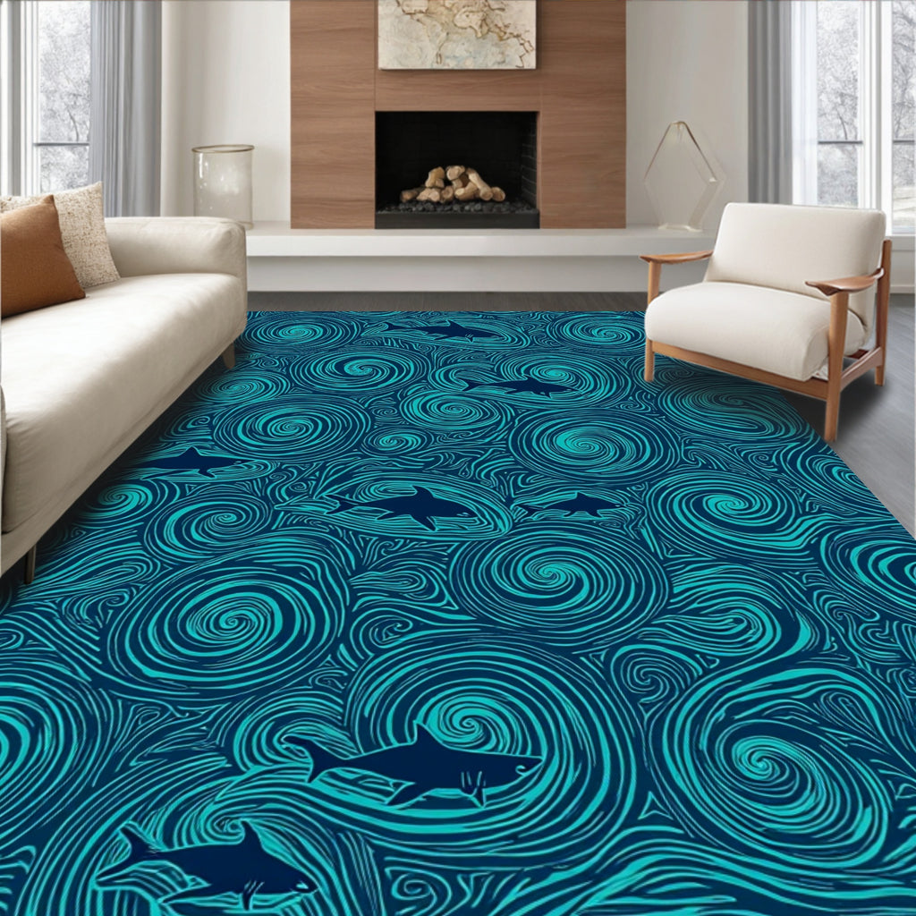 Marine Swirling Pattern Shark Design Rug