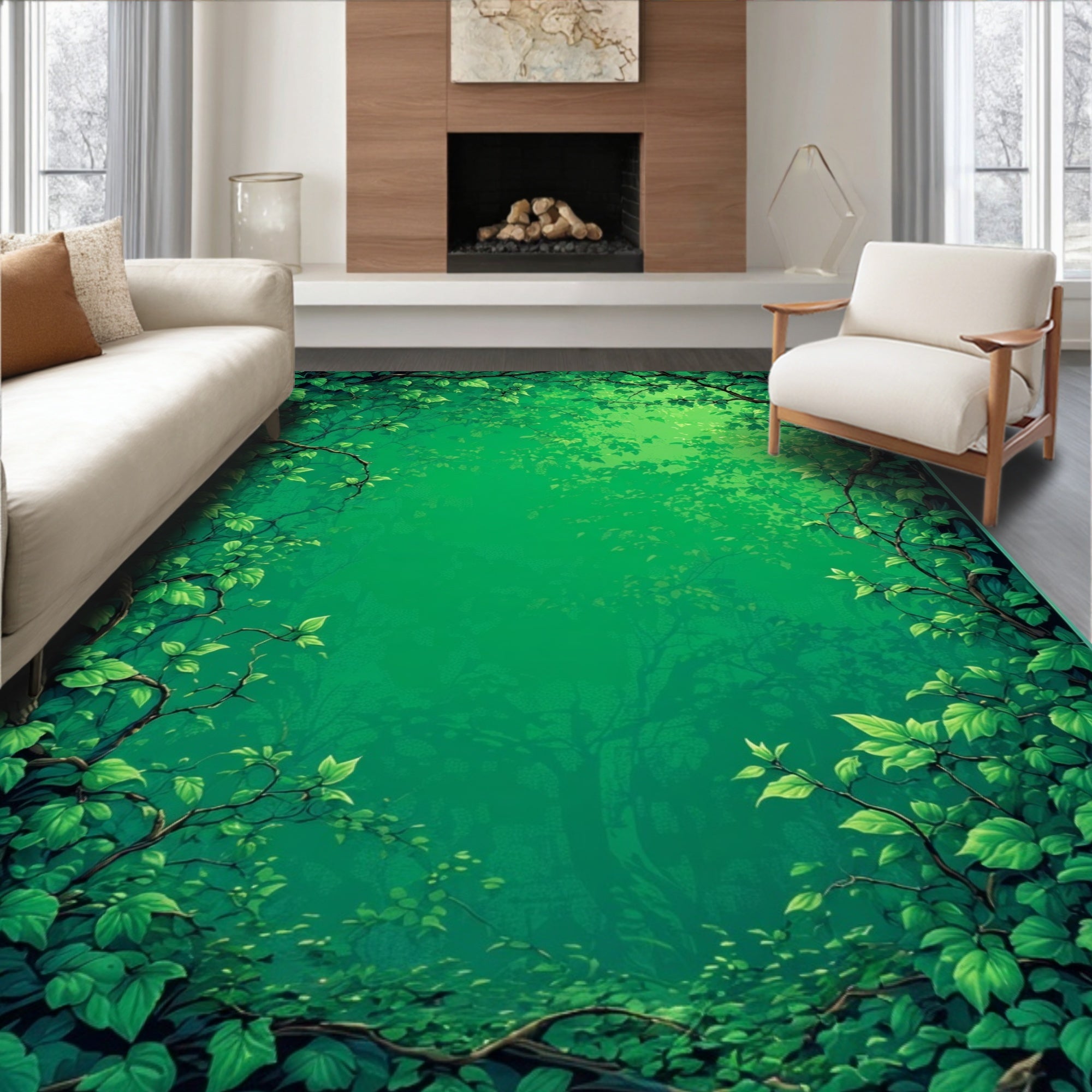 Lush Green Forest Canopy Pattern Rug