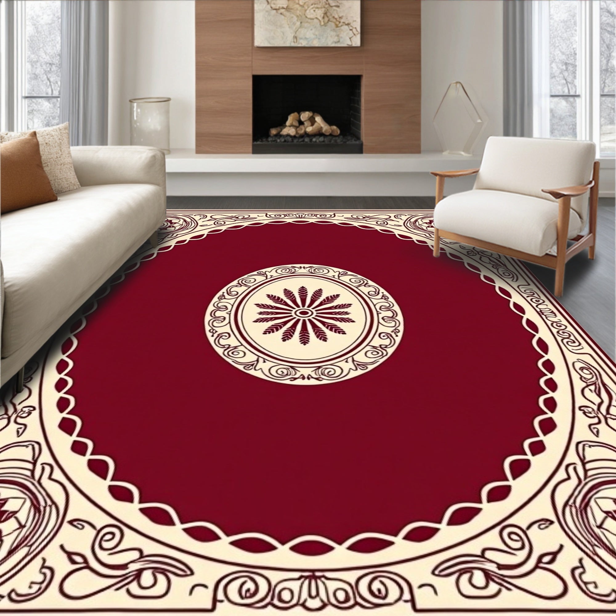 Elegant Maroon Cream Scrollwork Rug