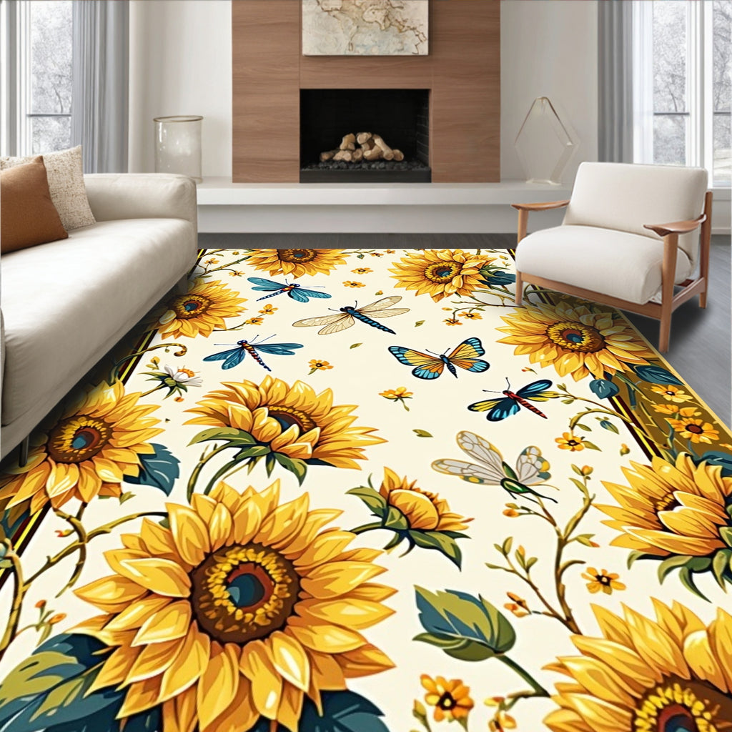 Sunny Sunflower Dragonfly Butterfly Pattern Rug