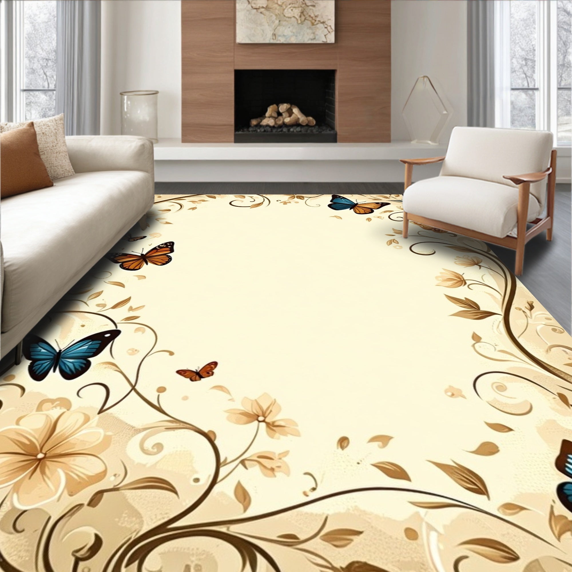 Floral Butterfly Vine Cream Rug