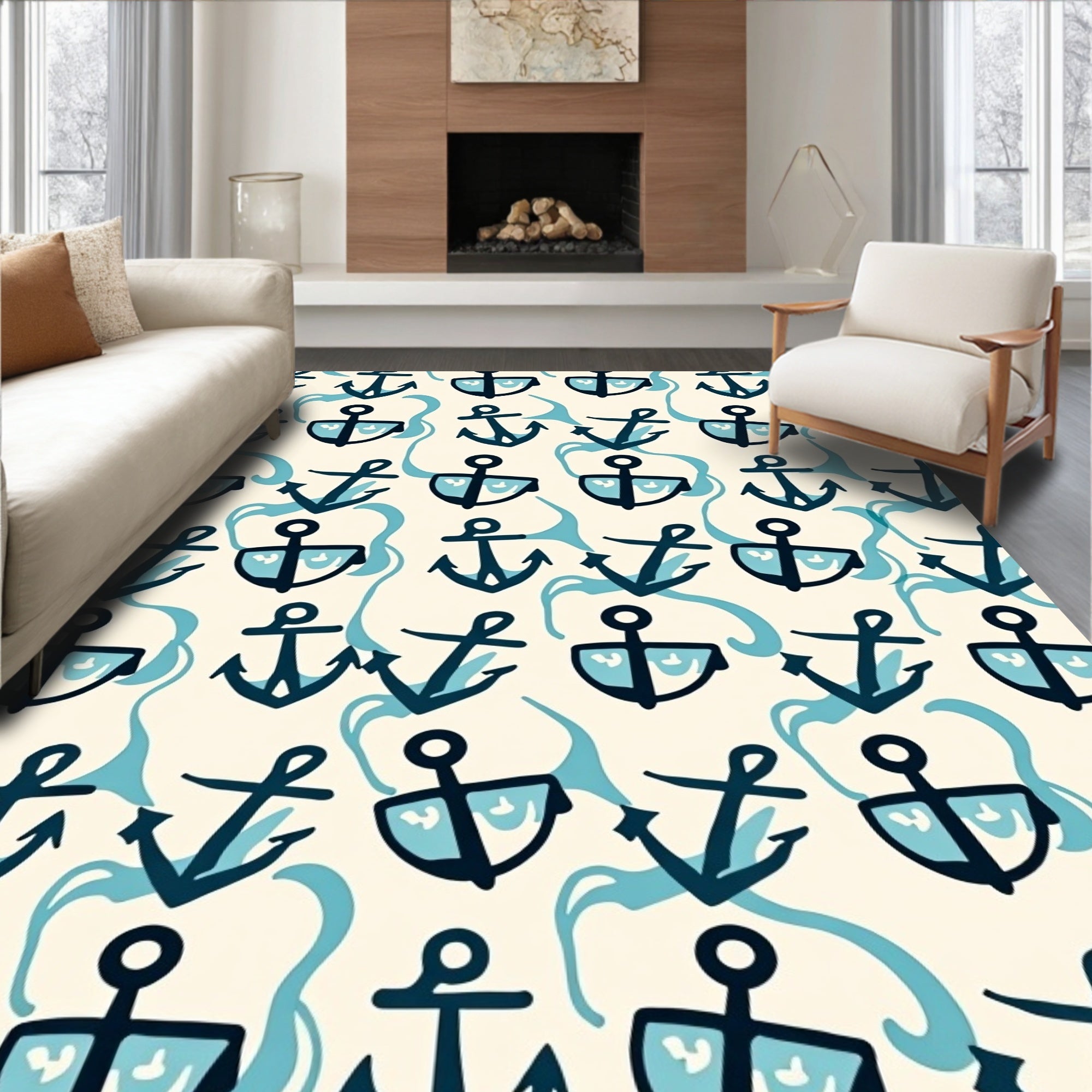 Nautical Anchor Wave Pattern Rug