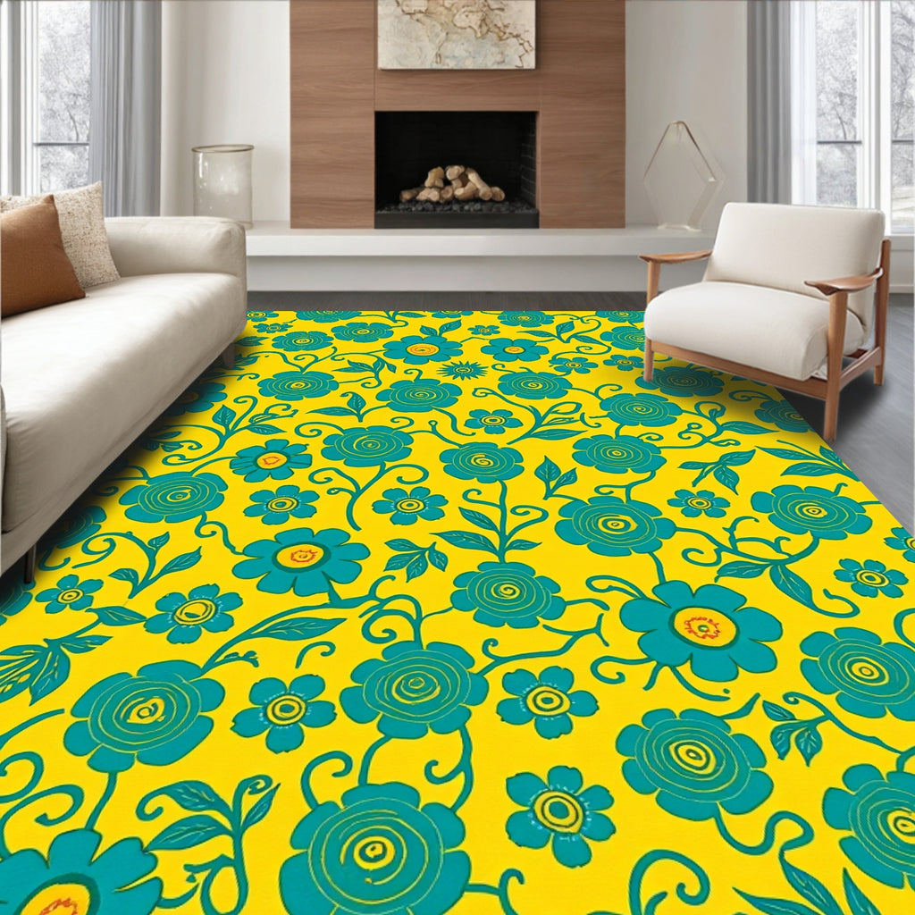 Vibrant Teal Floral Pattern Rug