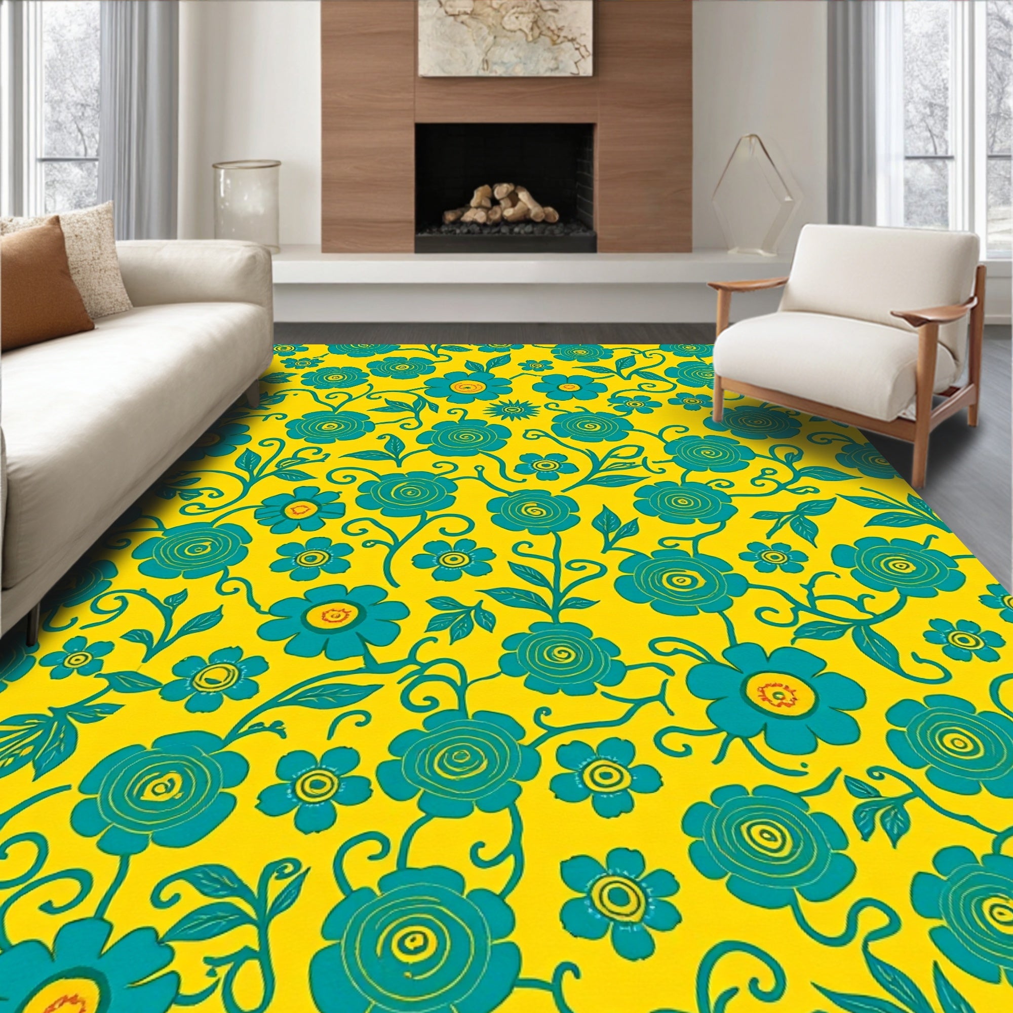 Vibrant Teal Floral Pattern Rug