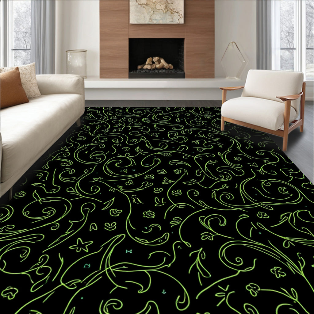 Green Swirls Floral Sketchy Pattern Rug