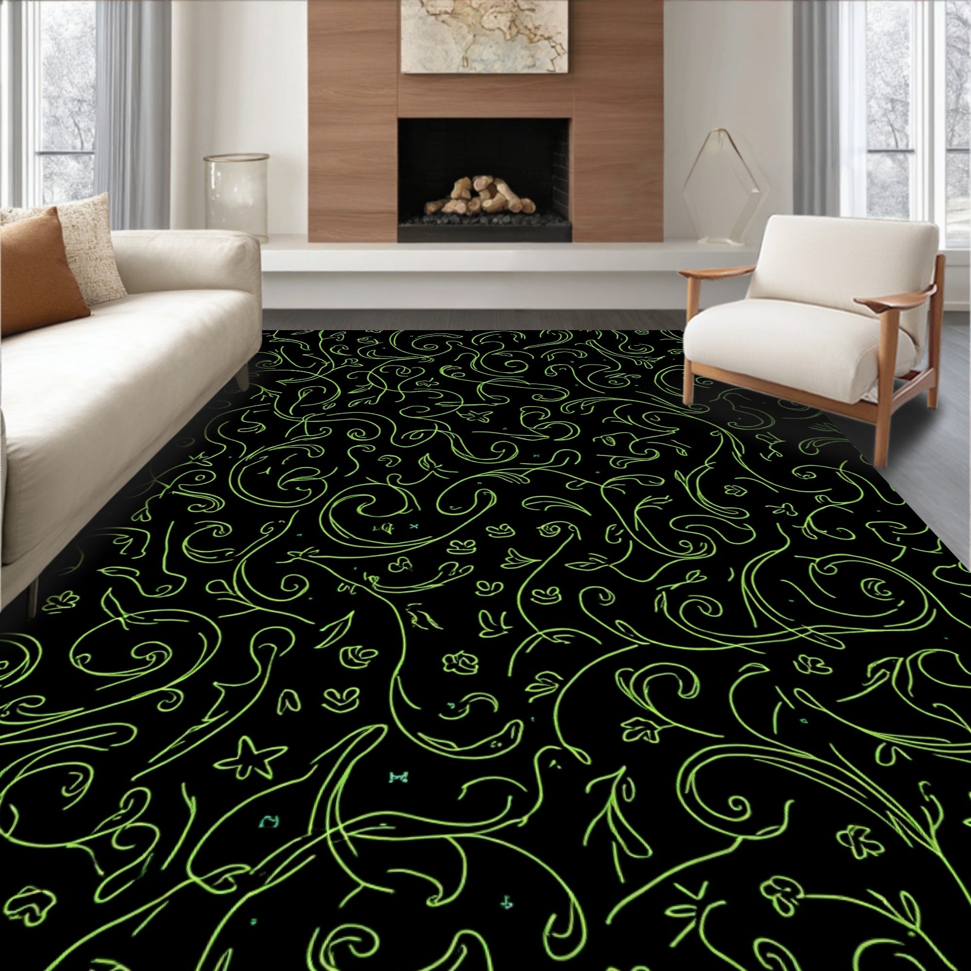 Green Swirls Floral Sketchy Pattern Rug